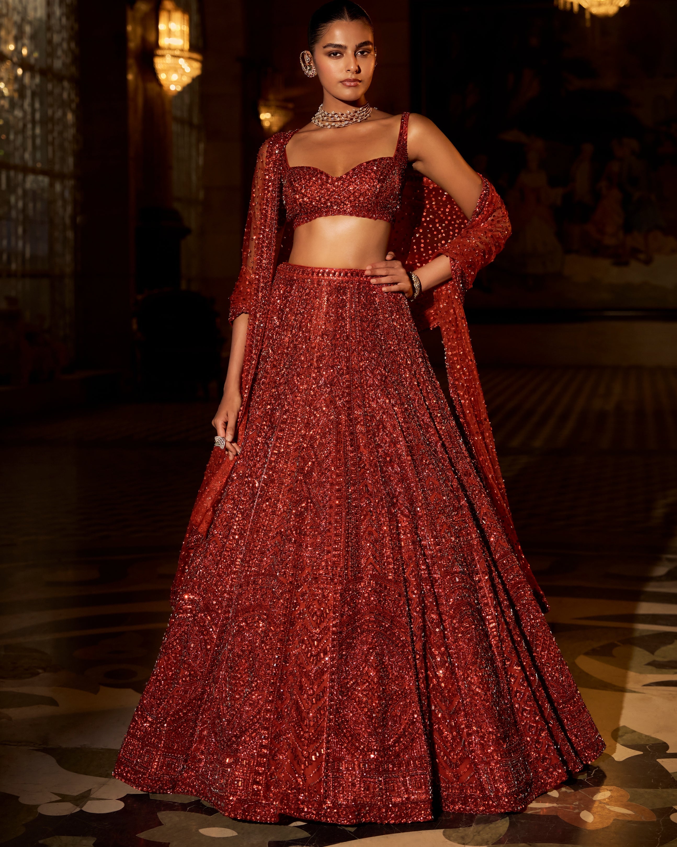 Brick Red Crystal Lehenga Set By KYNAH, Luxury Indian Fashion & Bridal Wear