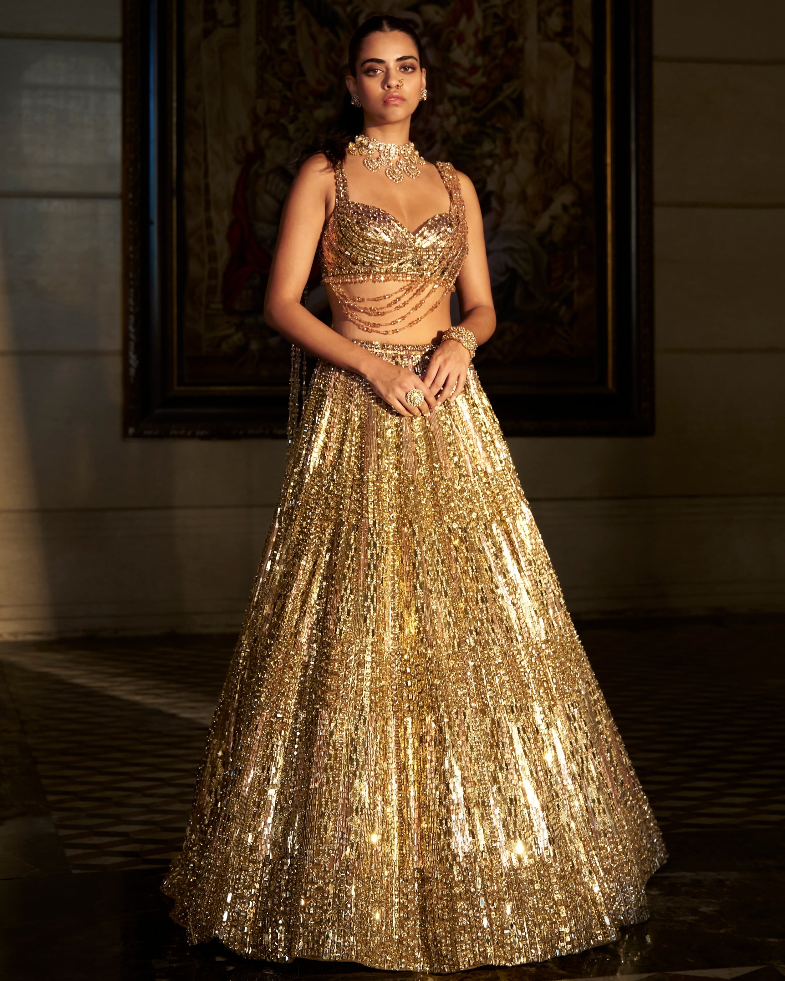 Gold Crystal Lehenga Set By KYNAH, Luxury Indian Fashion & Bridal Wear