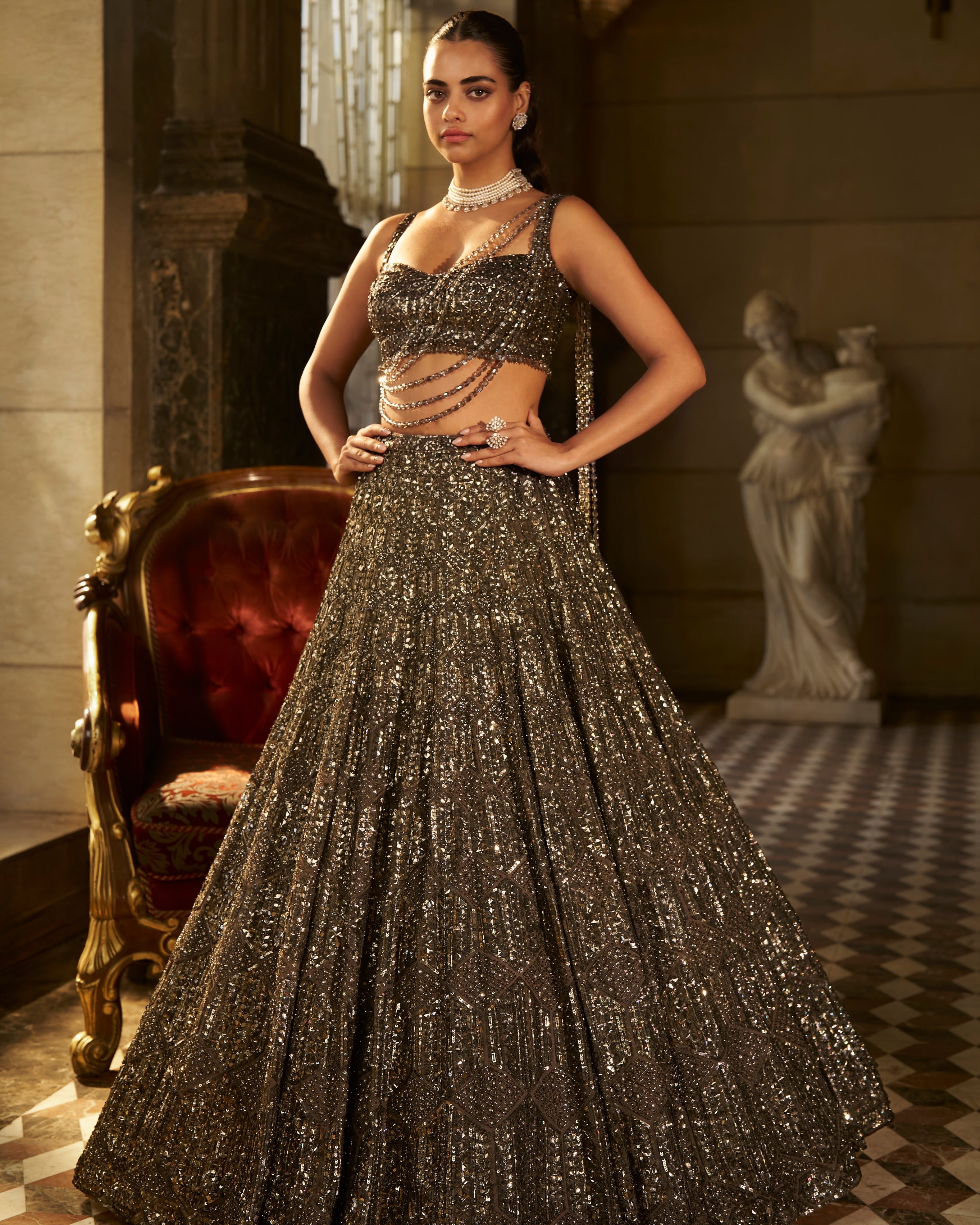 Charcoal Sequin Embroidered Lehenga Set By KYNAH, Luxury Indian Fashion & Bridal Wear
