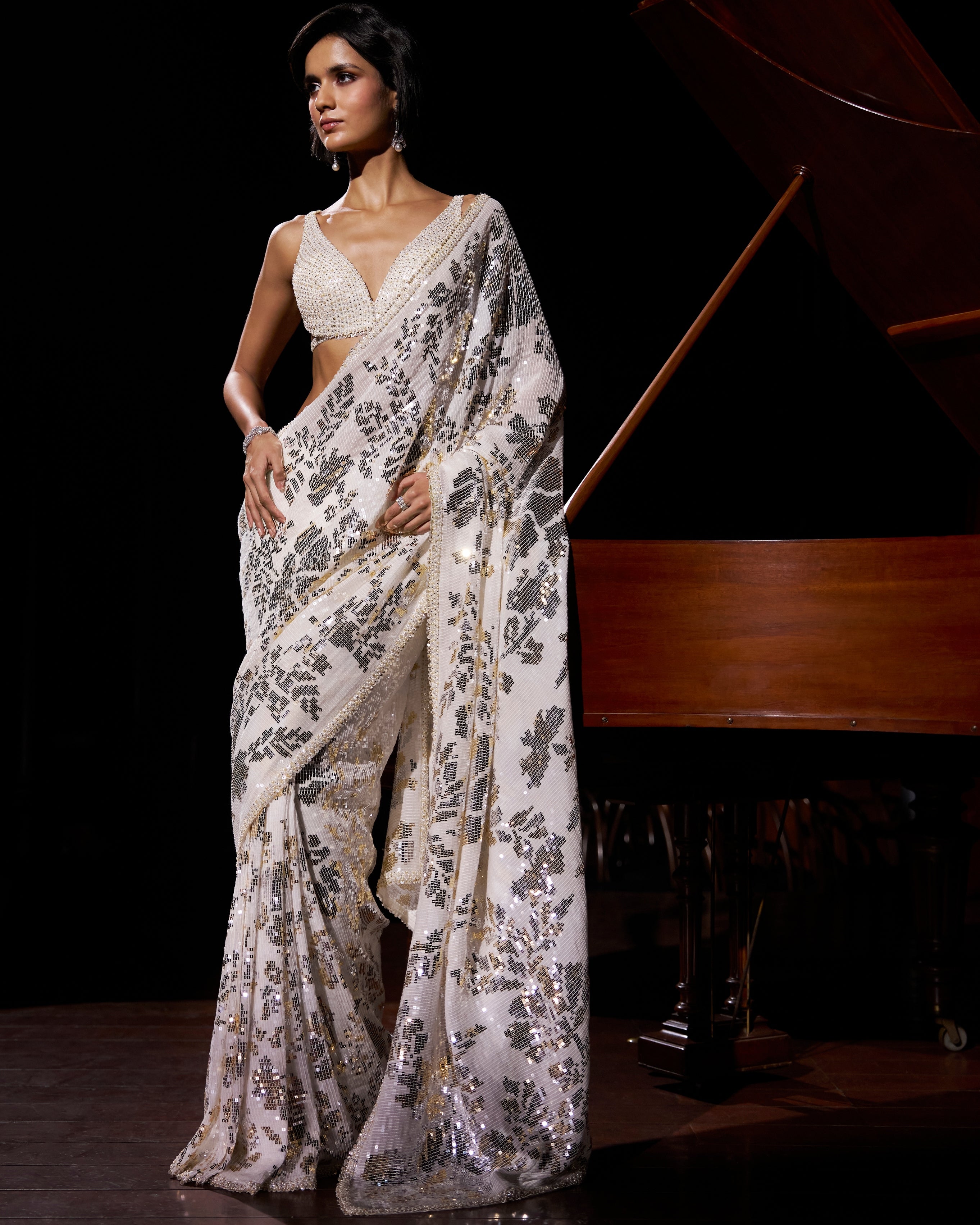 Gold Silver Sequin Georgette Sari By KYNAH, Luxury Indian Fashion & Bridal Wear
