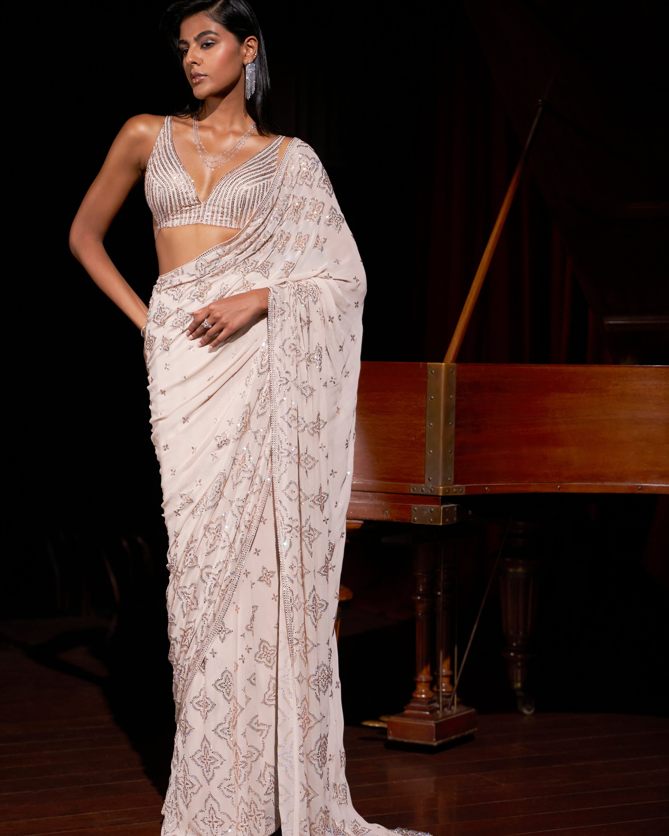 Nude Crystal Georgette Sari By KYNAH, Luxury Indian Fashion & Bridal Wear
