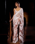 Coffee Cream Sequin Georgette Sari By KYNAH, Luxury Indian Fashion & Bridal Wear
