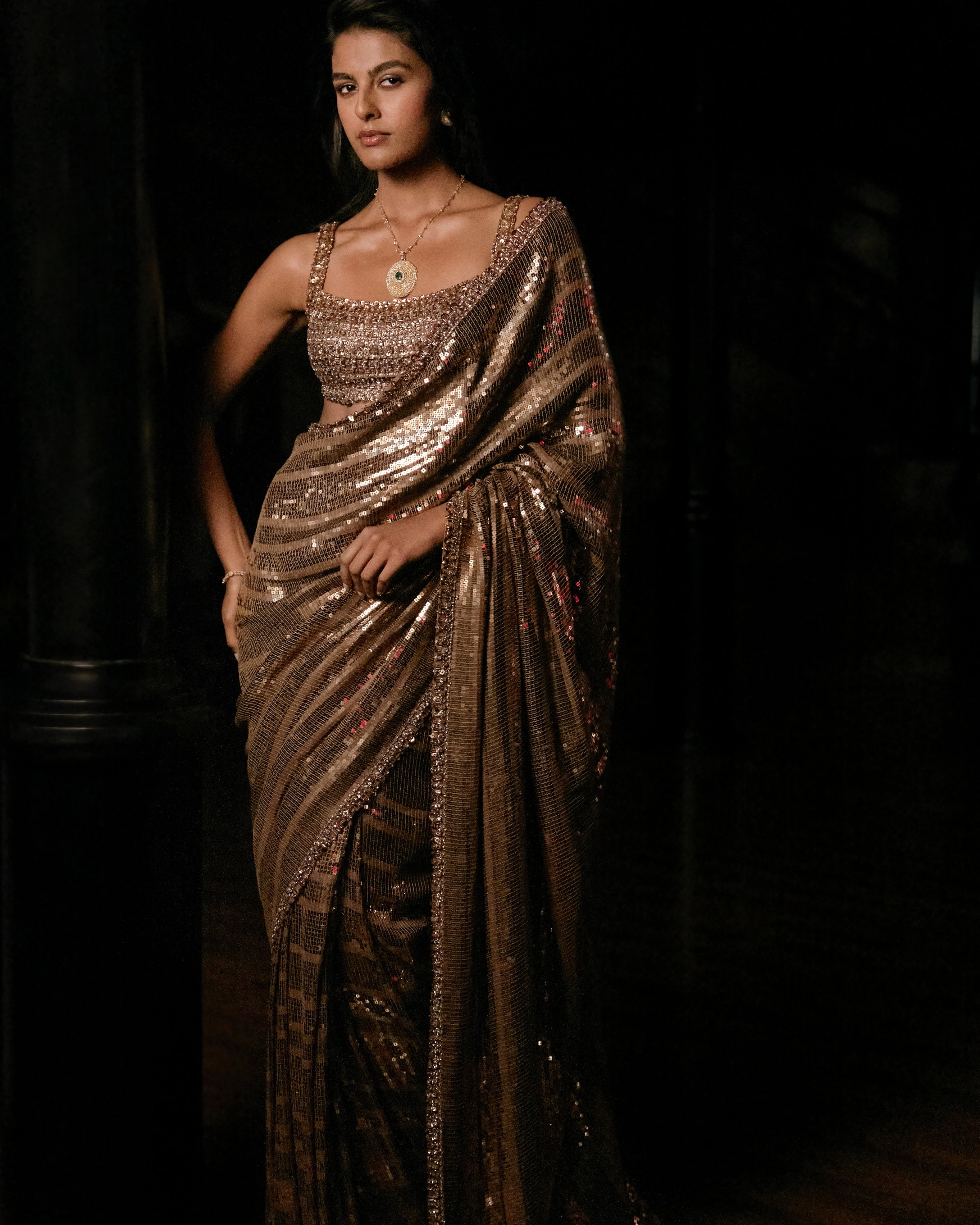 Antique Gold Sequin Georgette Sari By KYNAH, Luxury Indian Fashion & Bridal Wear