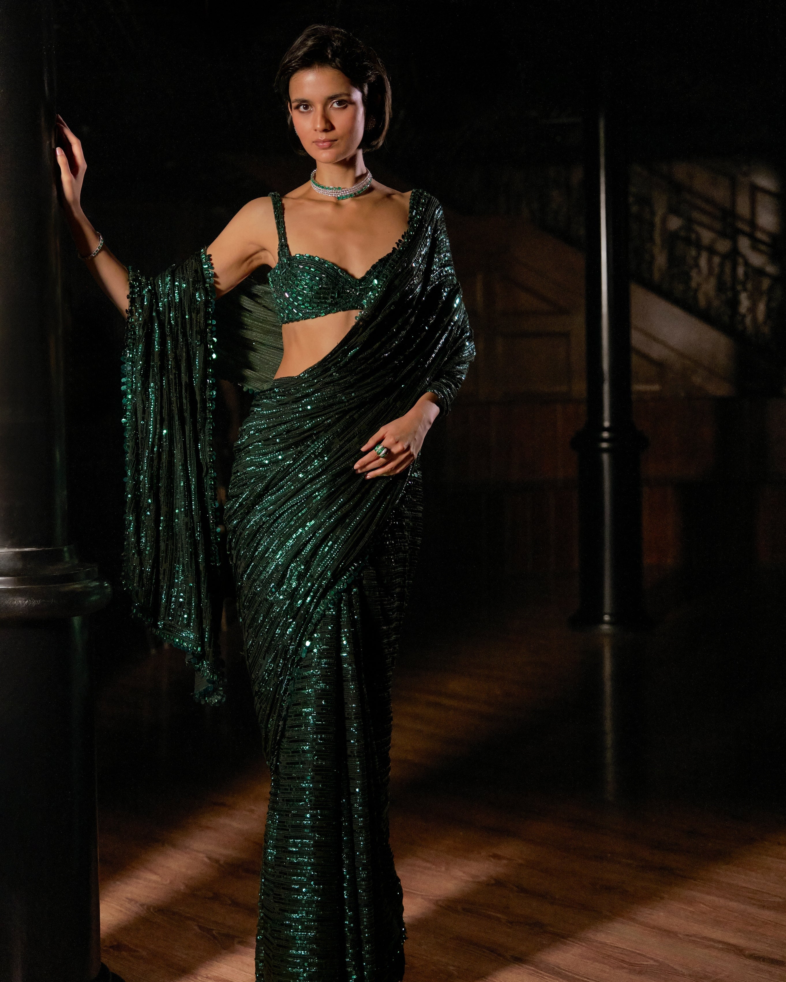 Emerald Green Sequin Georgette Sari By KYNAH, Luxury Indian Fashion & Bridal Wear