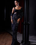 Midnight Blue Crystal Georgette Sari By KYNAH, Luxury Indian Fashion & Bridal Wear