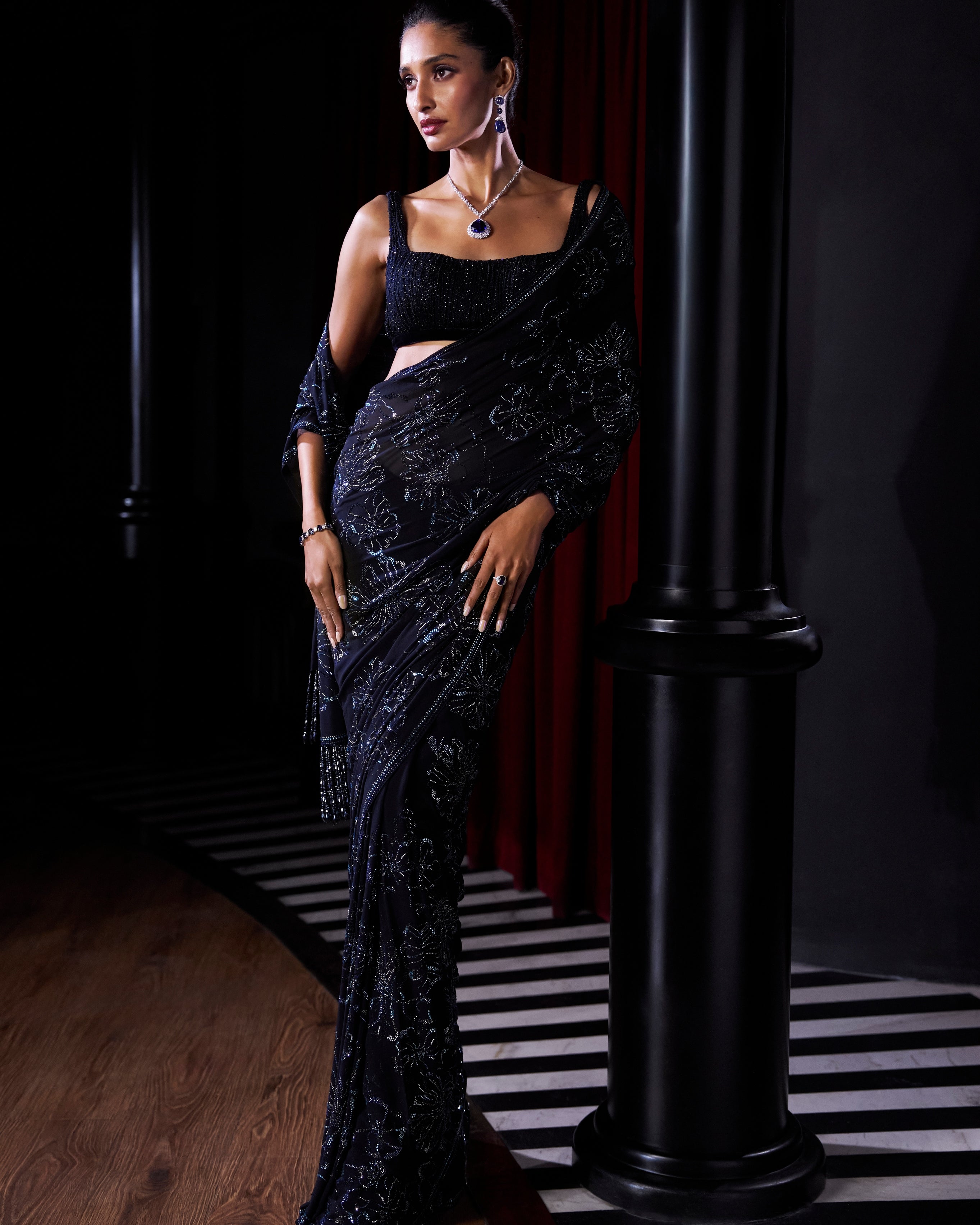 Midnight Blue Crystal Georgette Sari By KYNAH, Luxury Indian Fashion & Bridal Wear