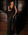 Black Draped Georgette Sari By KYNAH, Luxury Indian Fashion & Bridal Wear