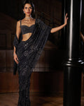 Steel Blue Crystal Georgette Sari By KYNAH, Luxury Indian Fashion & Bridal Wear