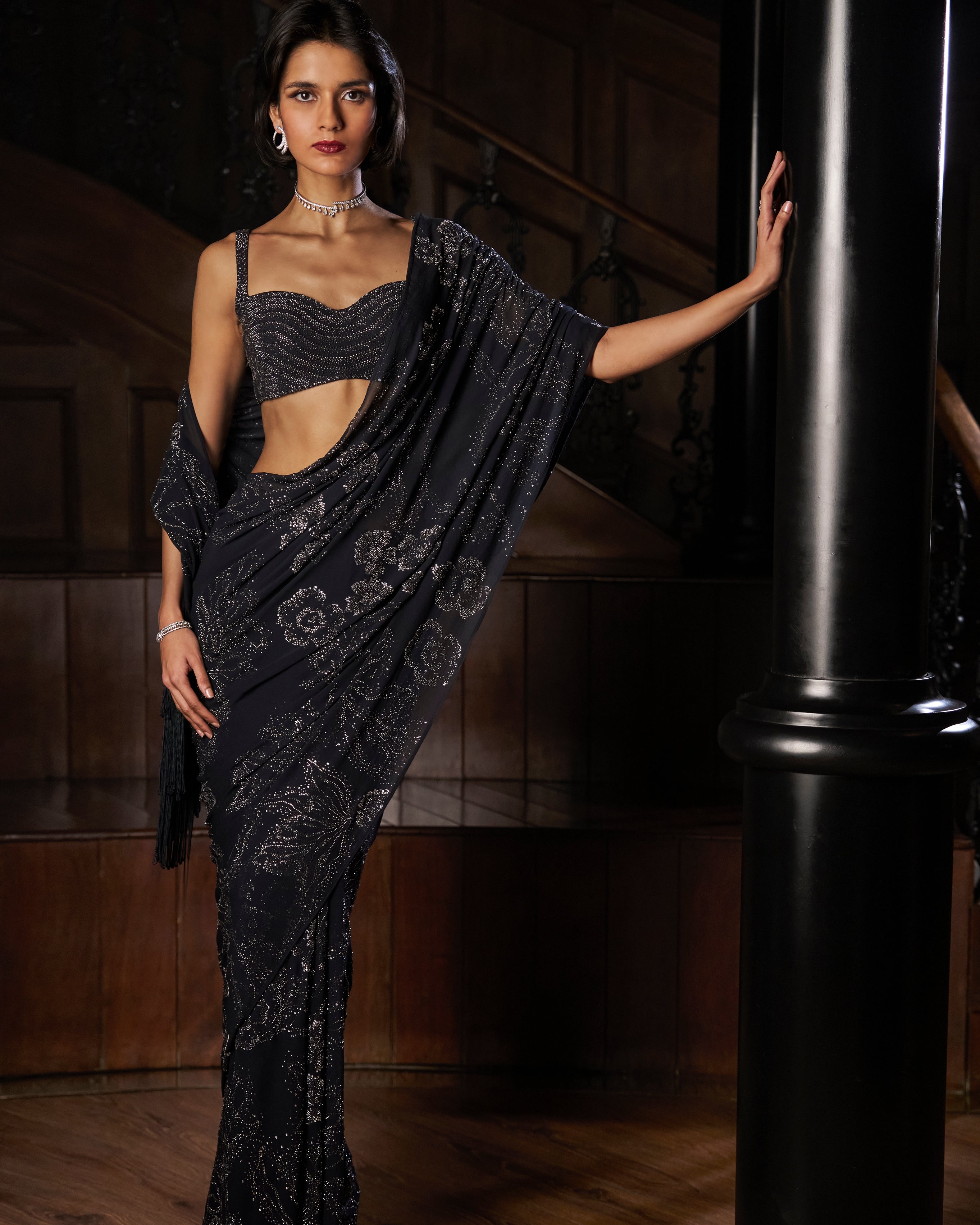 Steel Blue Crystal Georgette Sari By KYNAH, Luxury Indian Fashion & Bridal Wear