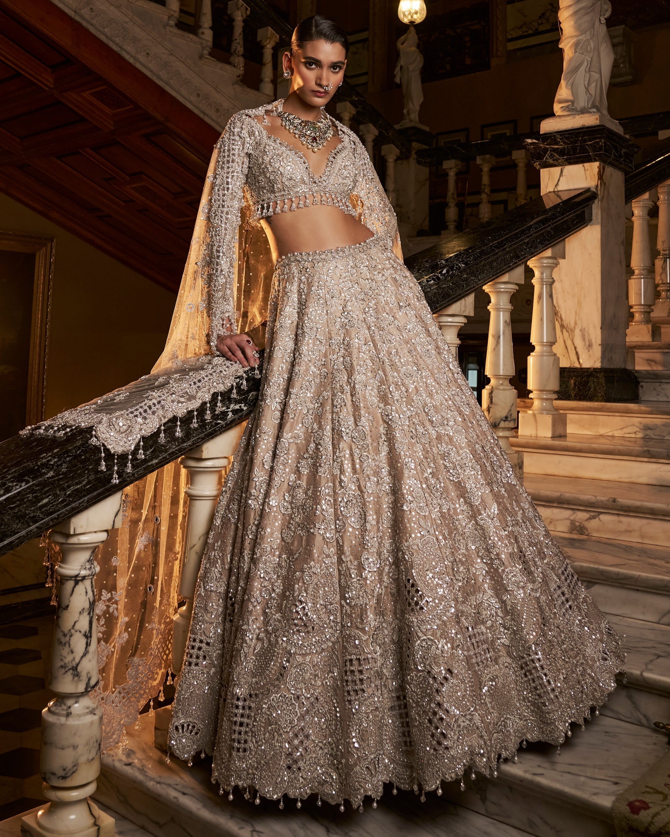 Falaknuma Nude Silver Cutwork Lehenga Set By KYNAH, Luxury Indian Fashion & Bridal Wear