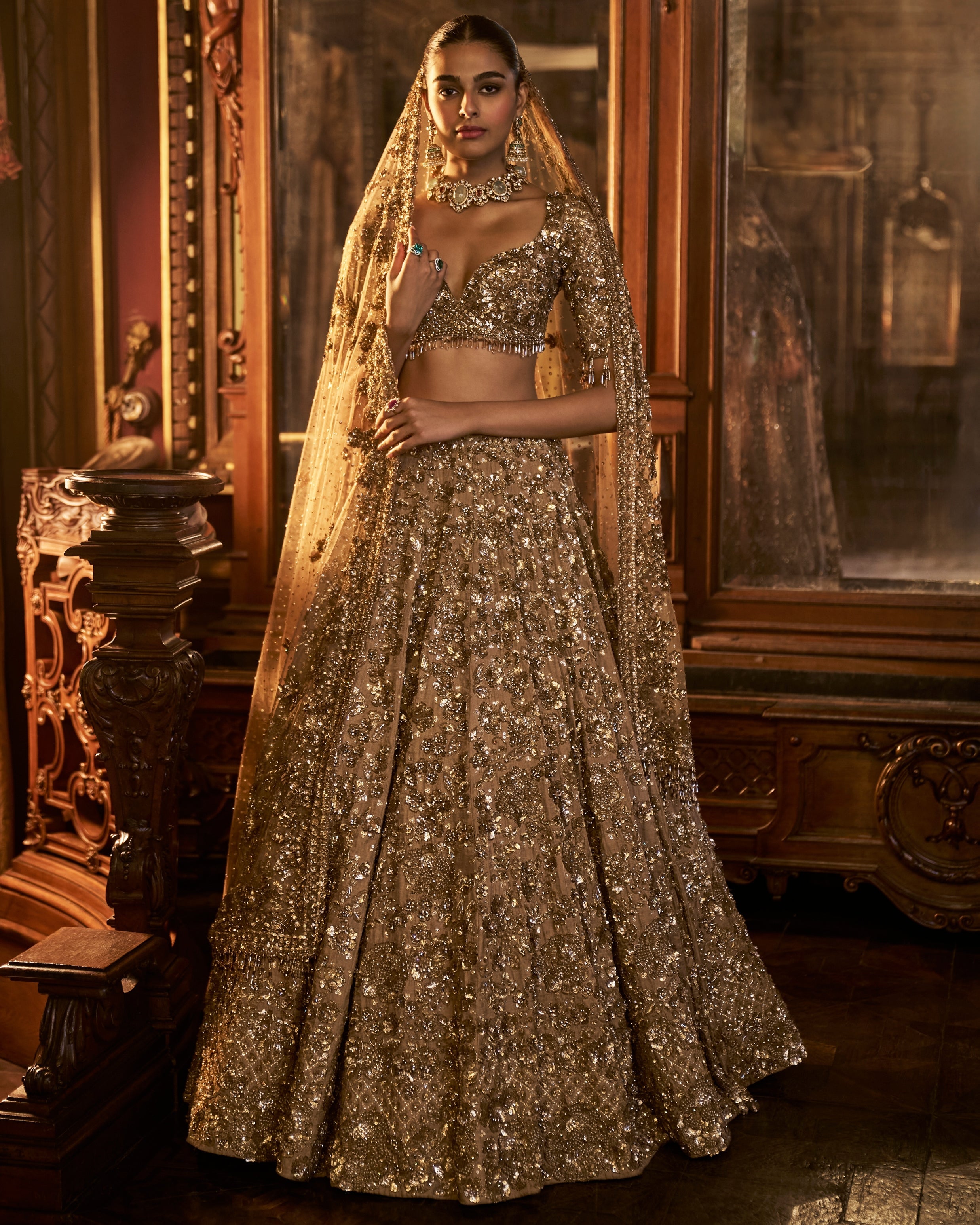 Falaknuma Antique Gold Tissue Lehenga Set By KYNAH, Luxury Indian Fashion & Bridal Wear