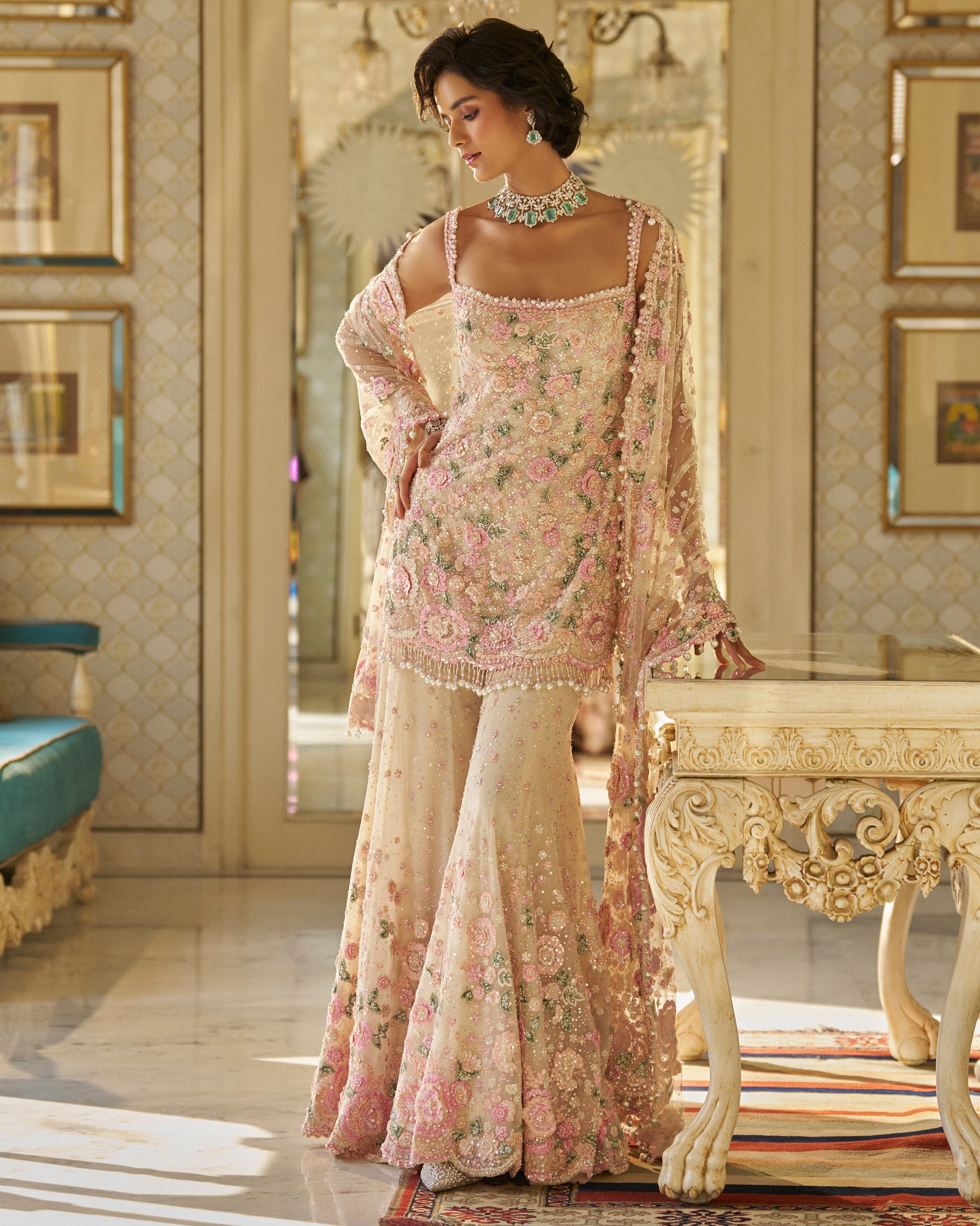 Fiori Nude Multi-Coloured Three-Dimensional Sharara Set By KYNAH, Luxury Indian Fashion & Bridal Wear