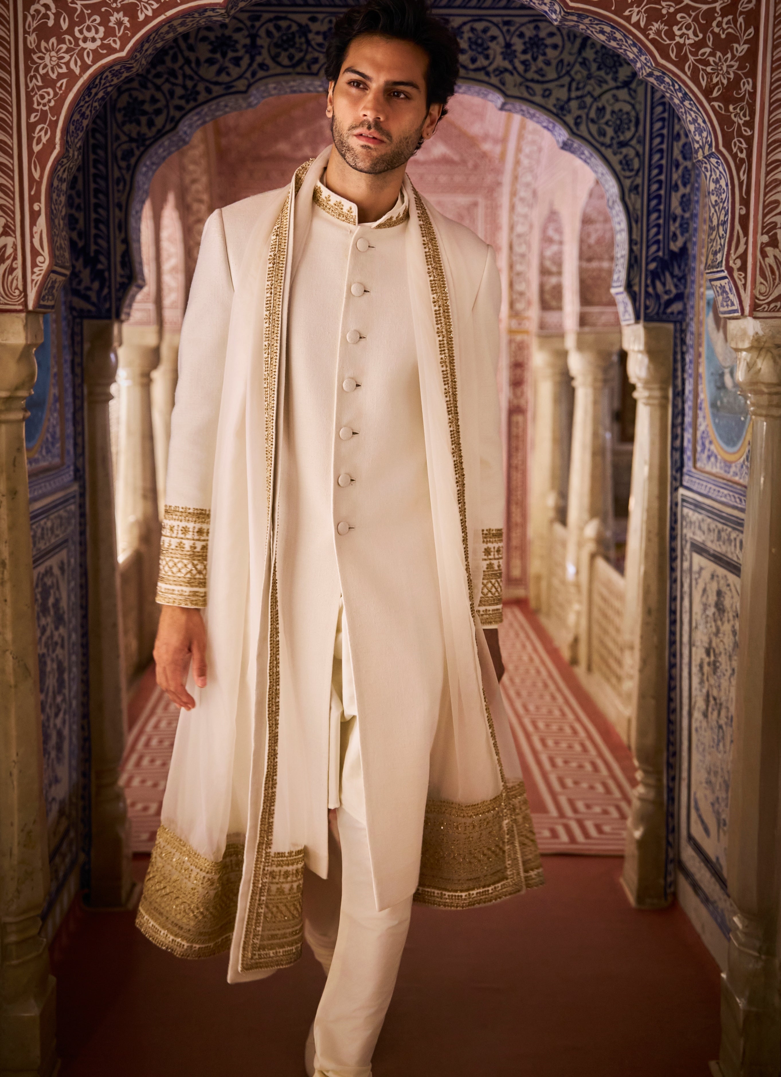 Vows Ivory Gold Matka Silk Sherwani Set By KYNAH, Luxury Indian Fashion & Bridal Wear