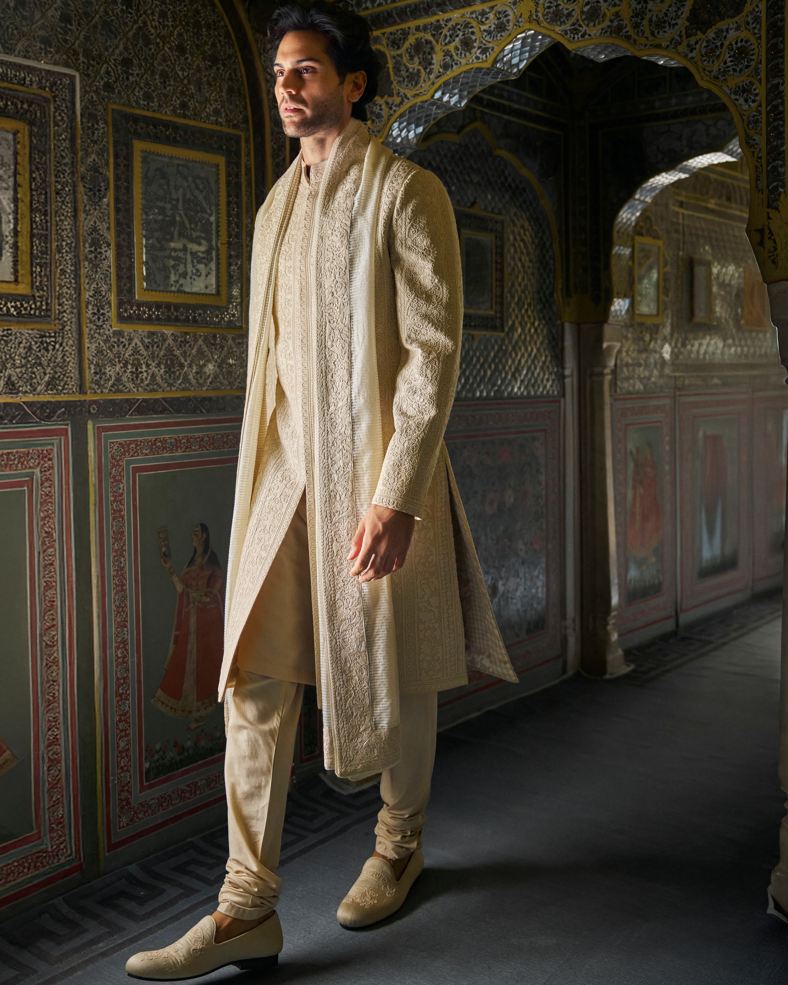 Vows Champagne Thread Work Sherwani Set By KYNAH, Luxury Indian Fashion & Bridal Wear
