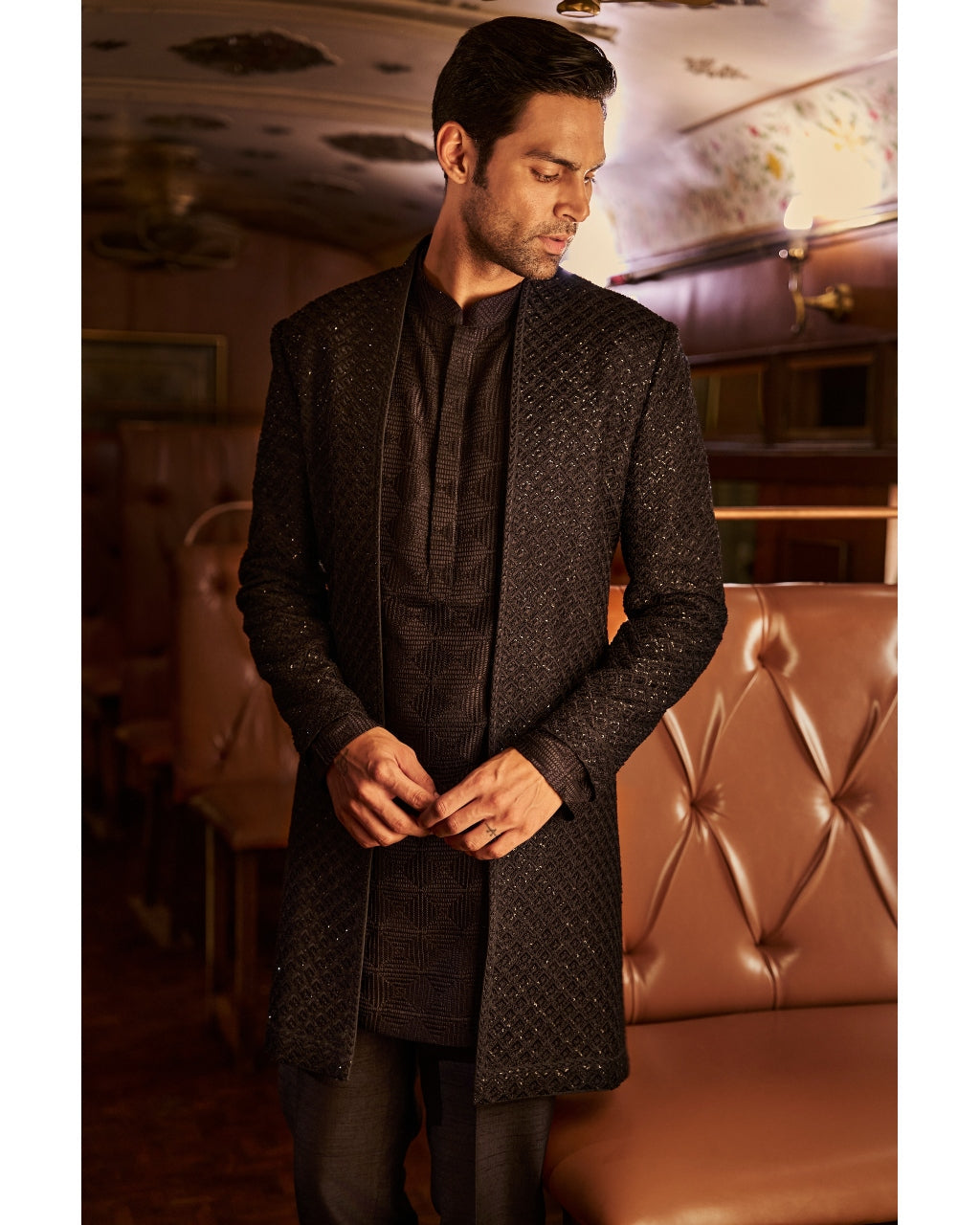 Navy Thread Work Open Sherwani Set By KYNAH, Luxury Indian Fashion & Bridal Wear