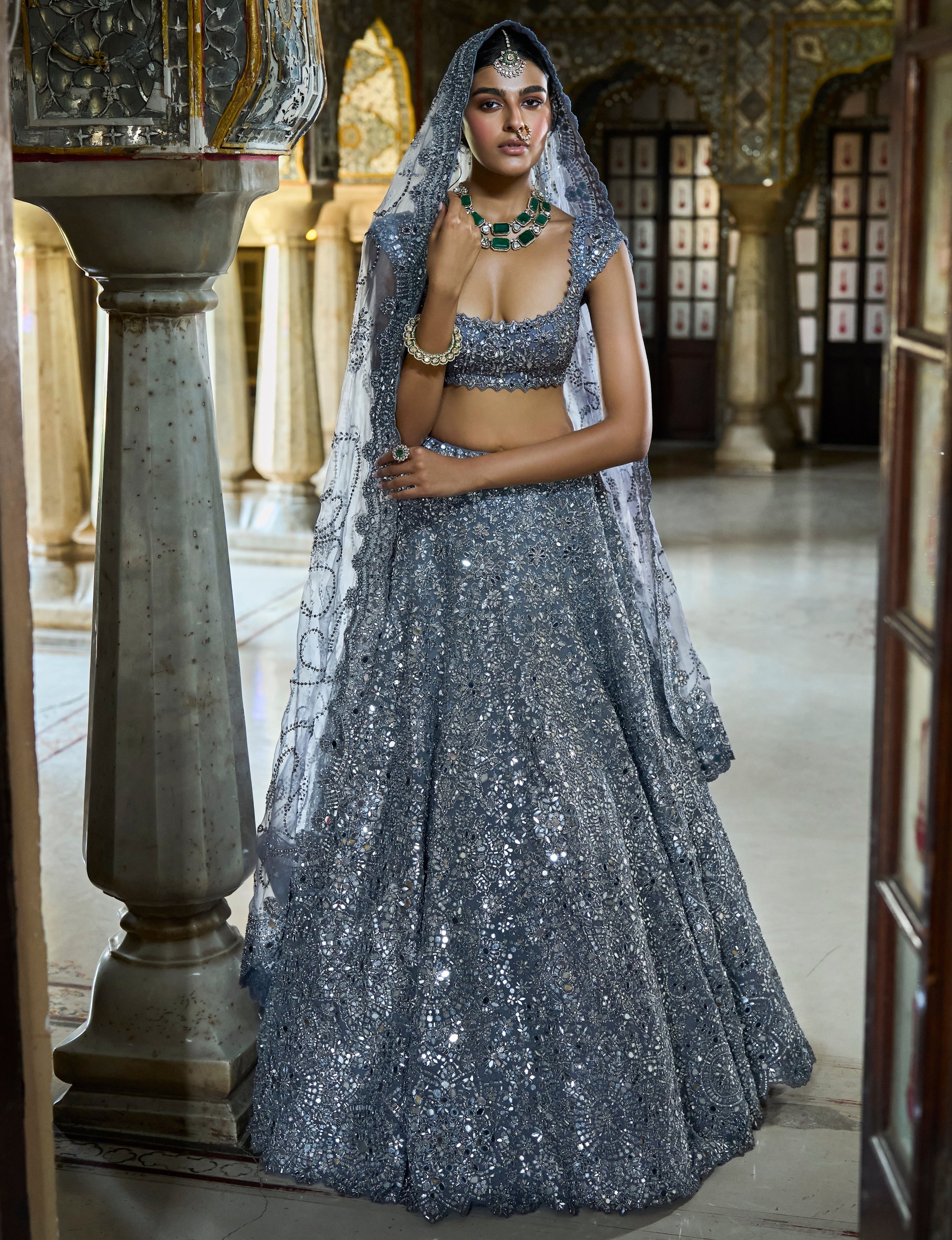 Steel Grey Mirror Work Lehenga Set By KYNAH, Luxury Indian Fashion & Bridal Wear