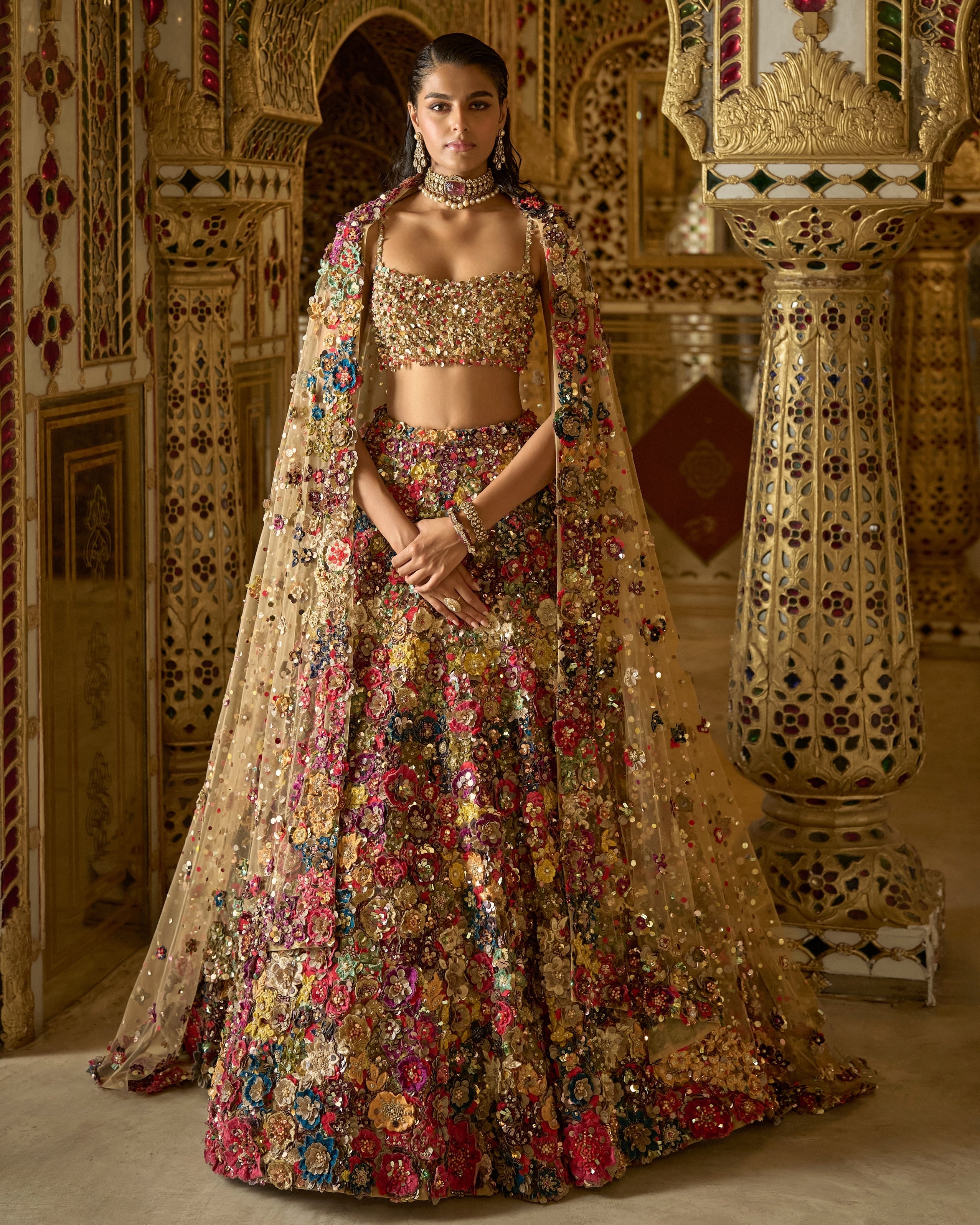 Multi-Coloured Three-Dimensional Floral Lehenga Set By KYNAH, Luxury Indian Fashion & Bridal Wear