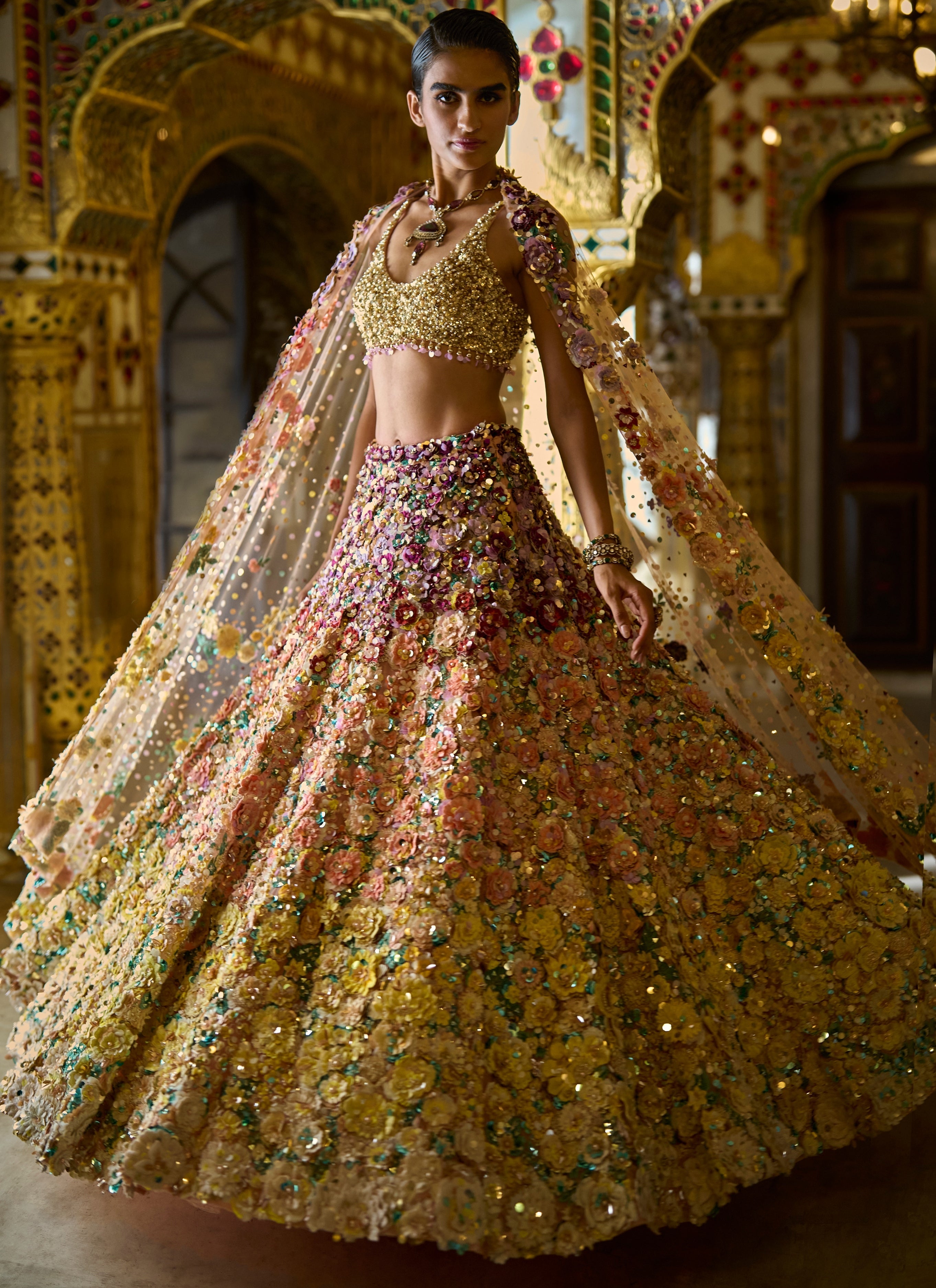 Ombre Multi-Coloured Three-Dimensional Floral Lehenga Set By KYNAH, Luxury Indian Fashion & Bridal Wear