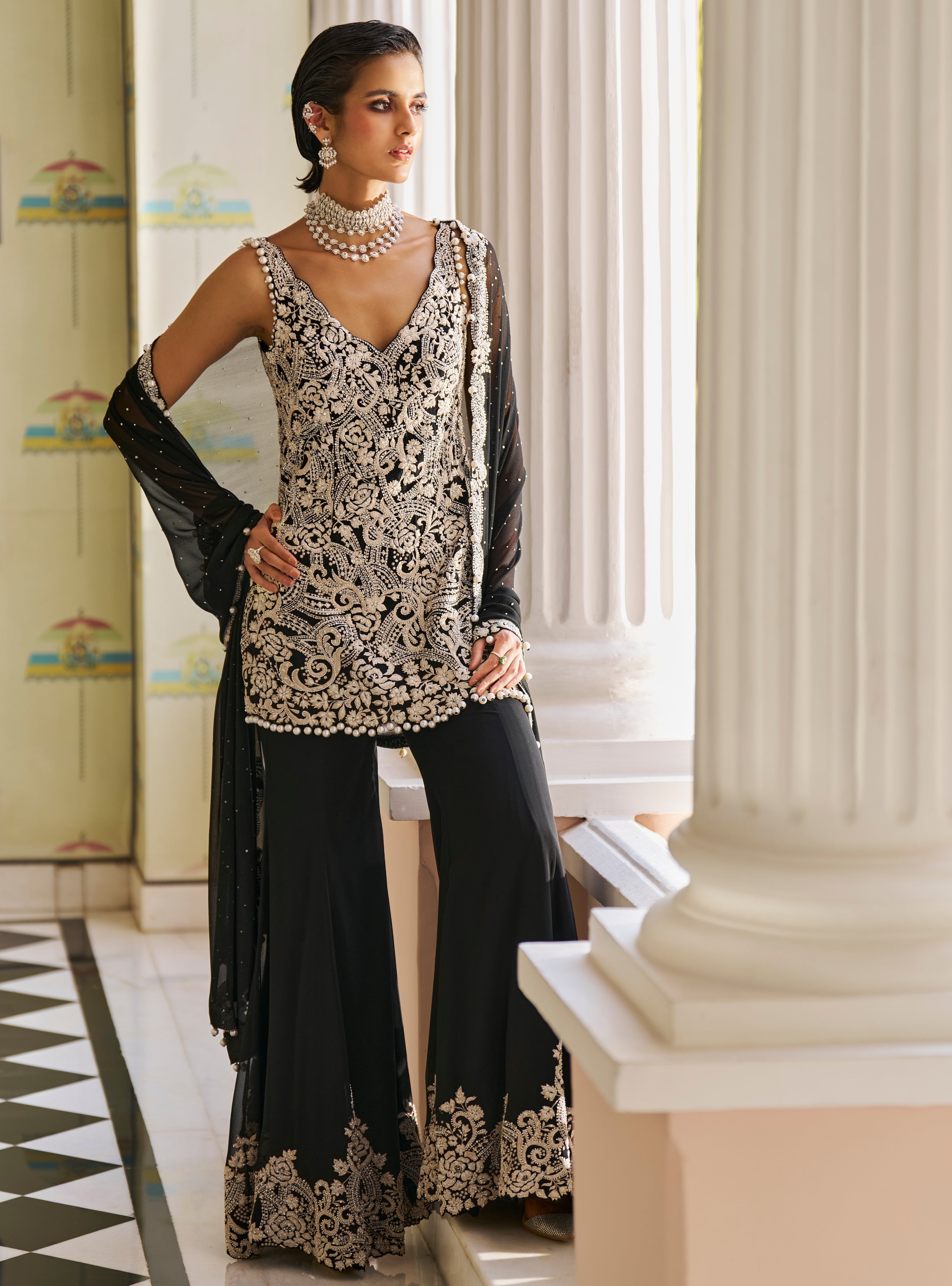 Fiori Black Pearl Sharara Set By KYNAH, Luxury Indian Fashion & Bridal Wear