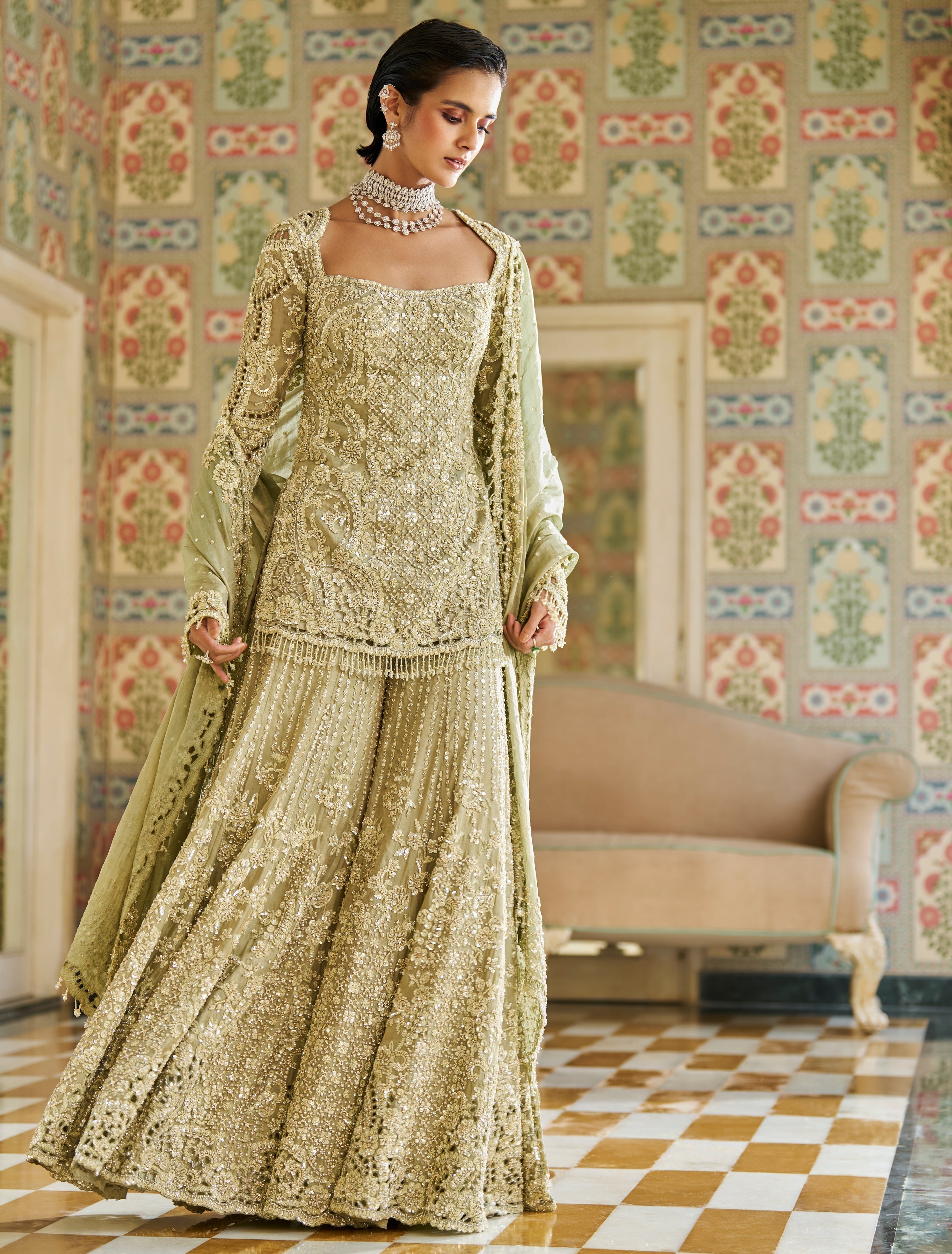 Fiori Sage Green Sharara Set By KYNAH, Luxury Indian Fashion & Bridal Wear
