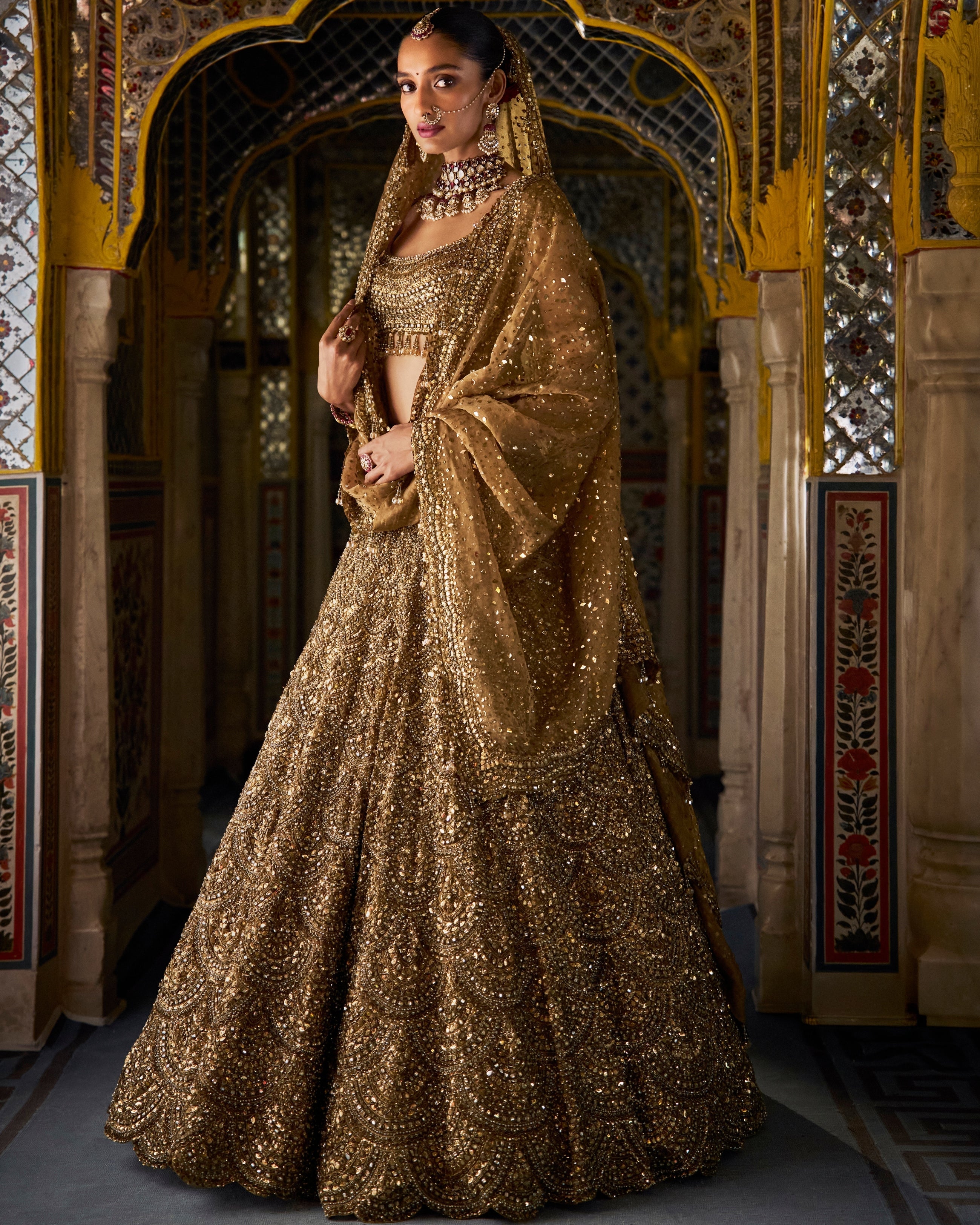 Antique Gold Vows Scalloped Lehenga Set By KYNAH, Luxury Indian Fashion & Bridal Wear