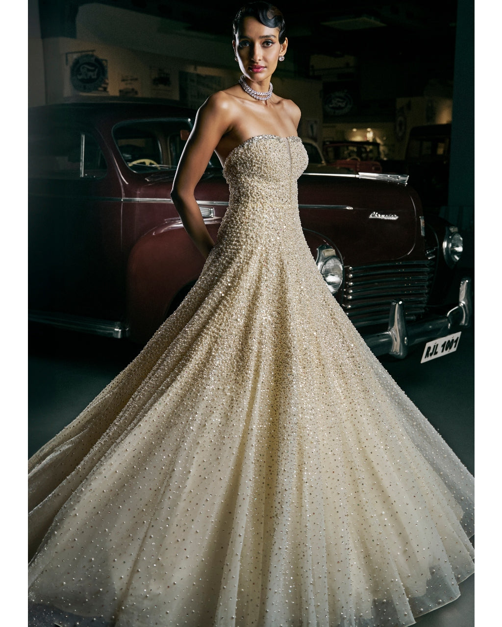 Ivory Corset Fit Pearl Gown By KYNAH, Luxury Indian Fashion & Bridal Wear