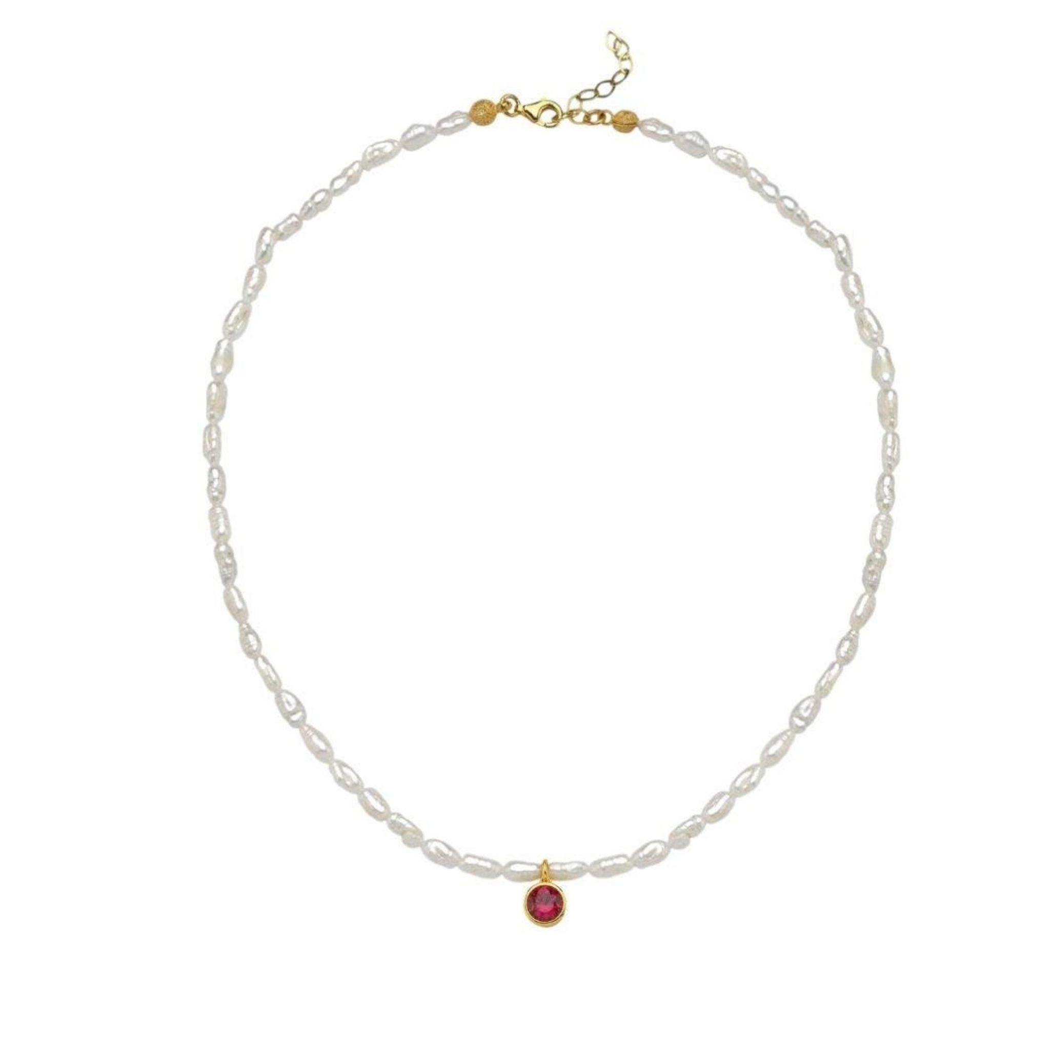 Cosmic Pearl Zodiac Necklace Red Birthstone
