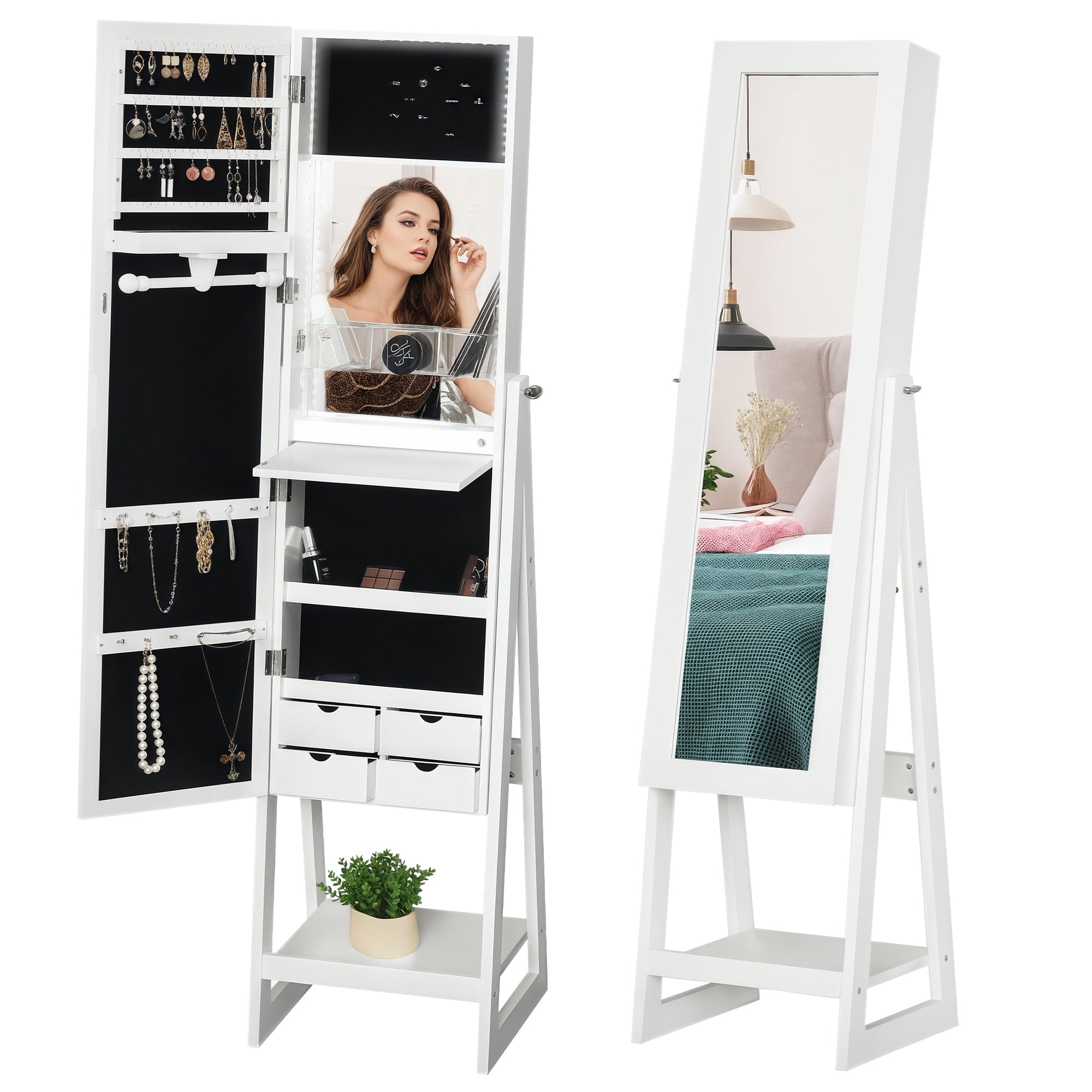 Full-Length Mirror Jewelry Cabinet with LED, Hooks, Shelves & Drawers, White