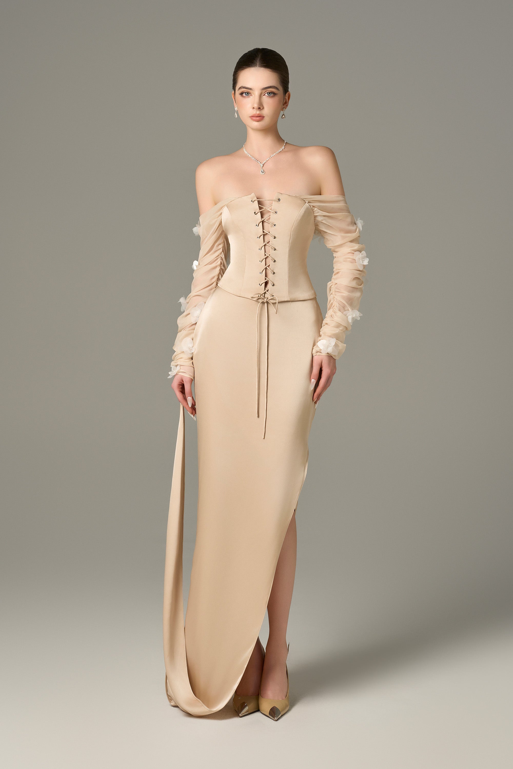 Alluring Silk Chiffon Corset Top & Maxi Set