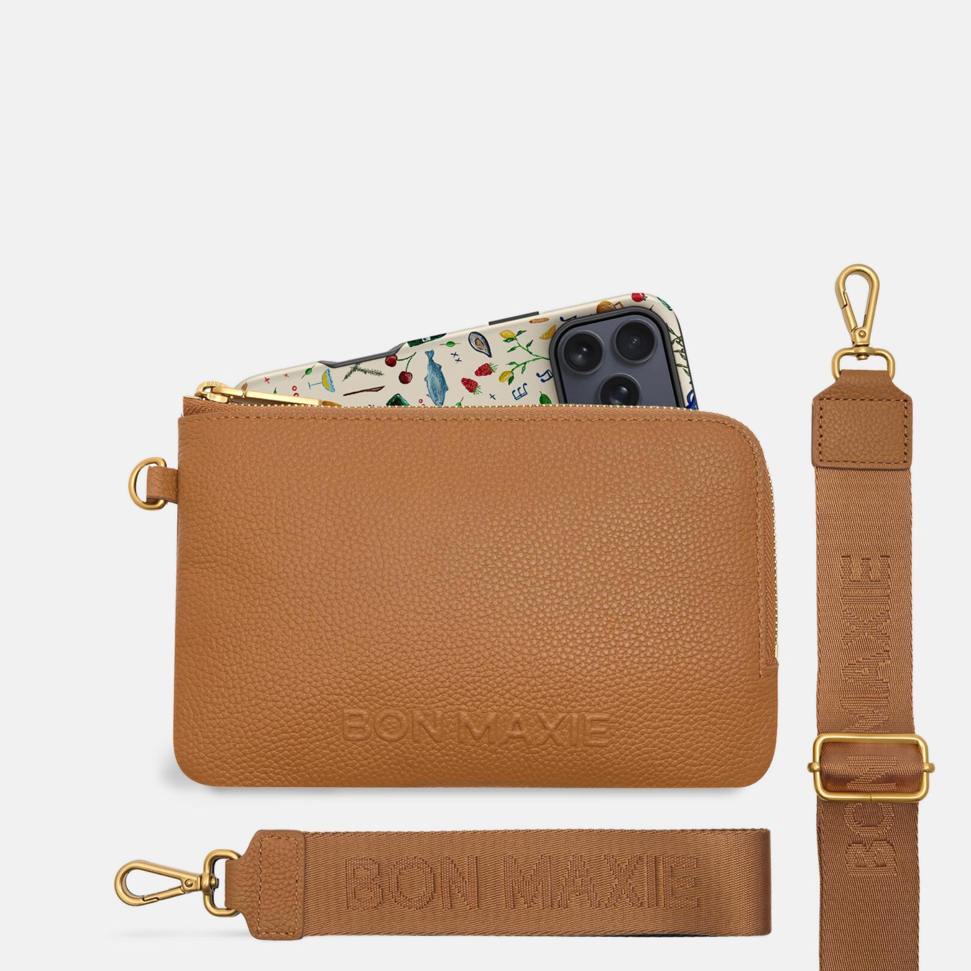 Crossbody Phone Wallet - Pebbled Leather - Tan