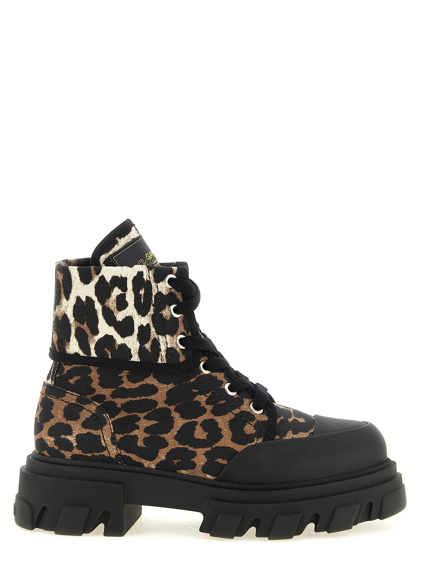 Ganni Leopard Print Cotton Denim Boot — Black