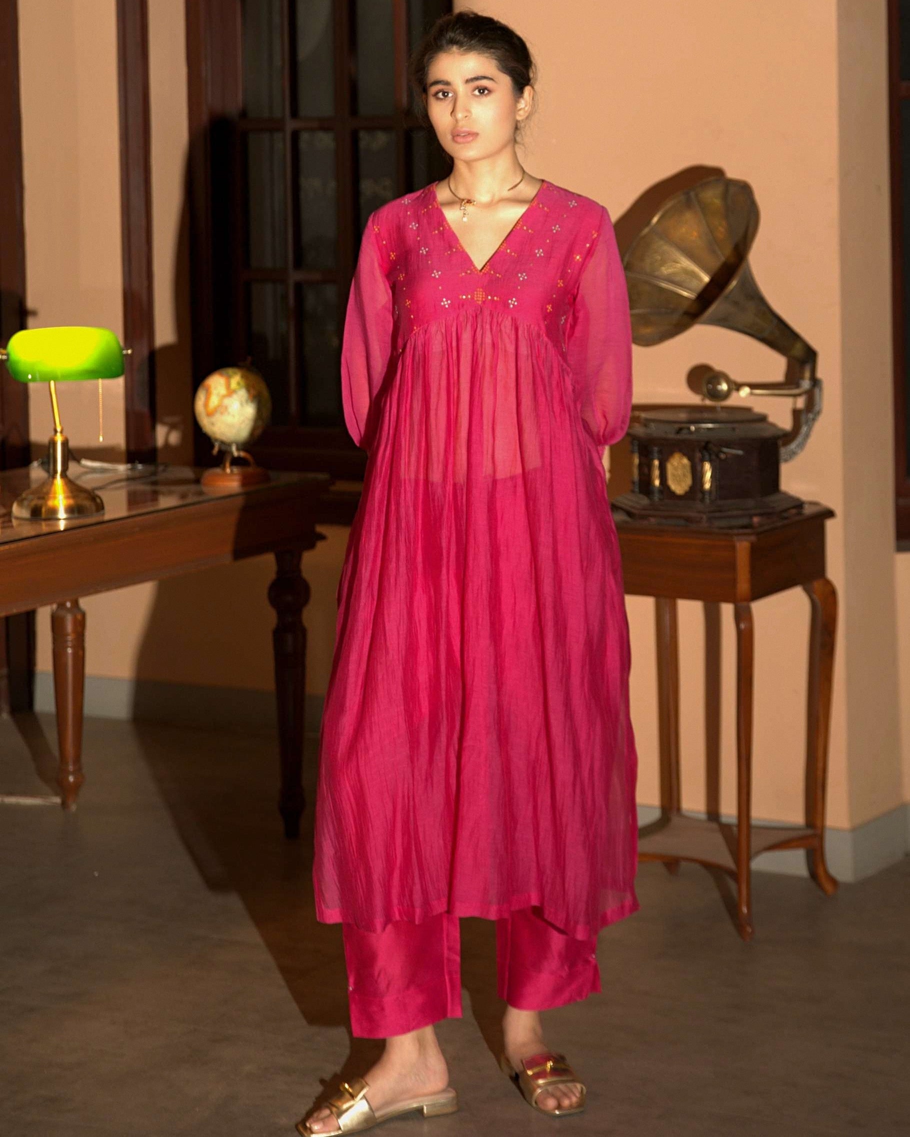 Pink Hand Embroidered Gather Kurta Set By KYNAH, Luxury Indian Fashion & Bridal Wear