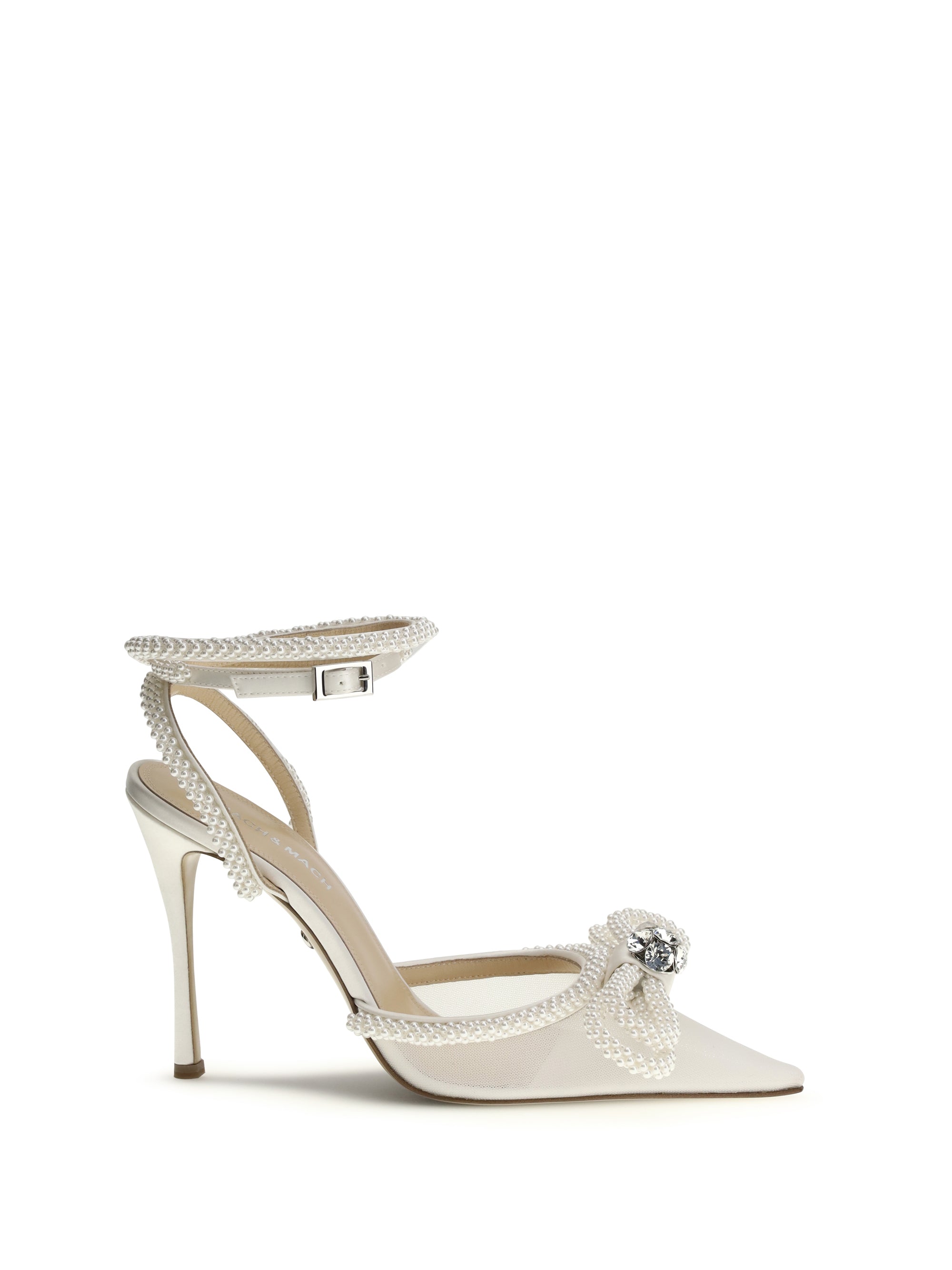 Mach & Mach Crystal-Embellished Double Bow Satin Pumps — White
