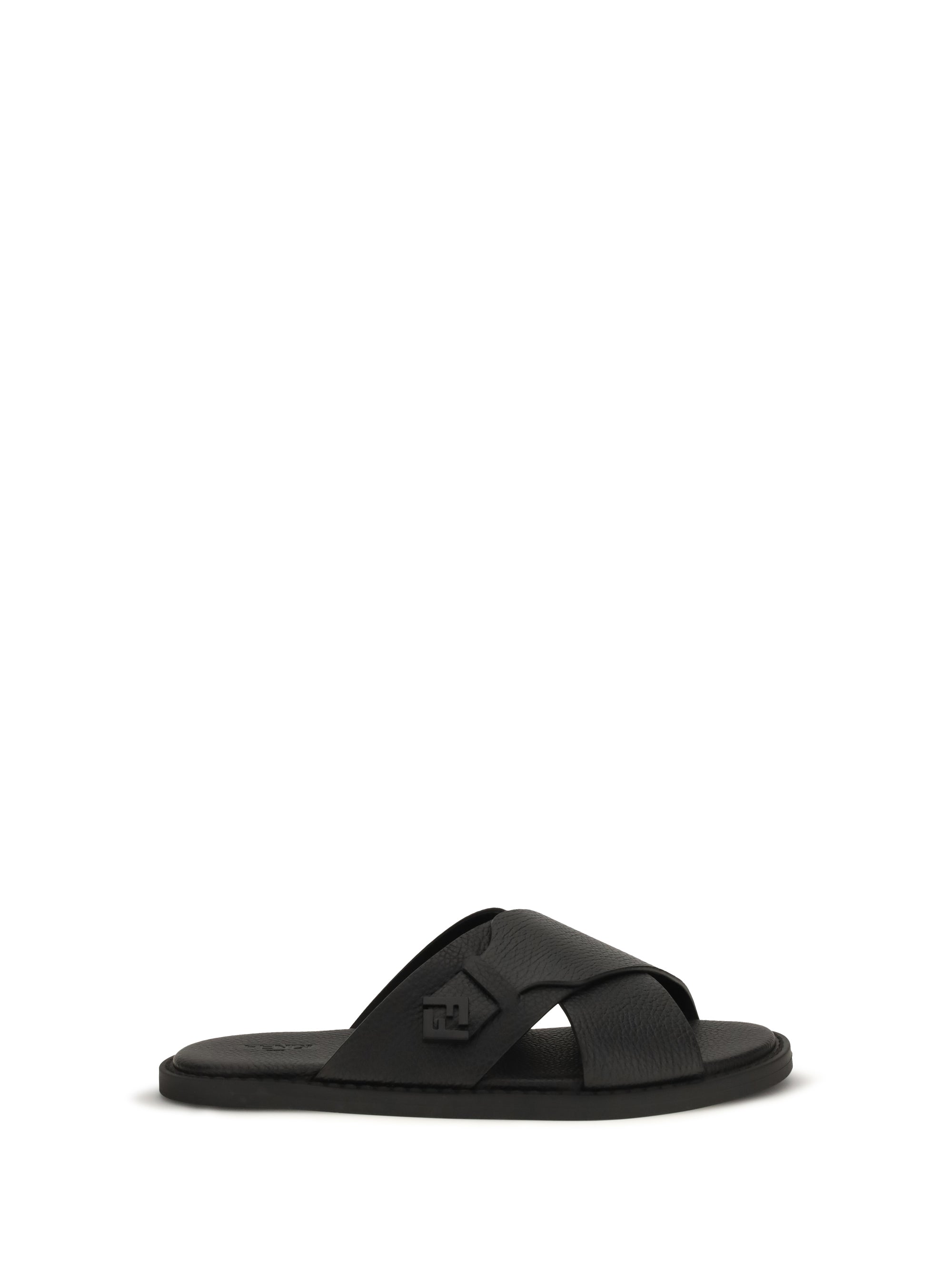 Fendi Crossed X-Strap Calfskin Slide Sandals — Black