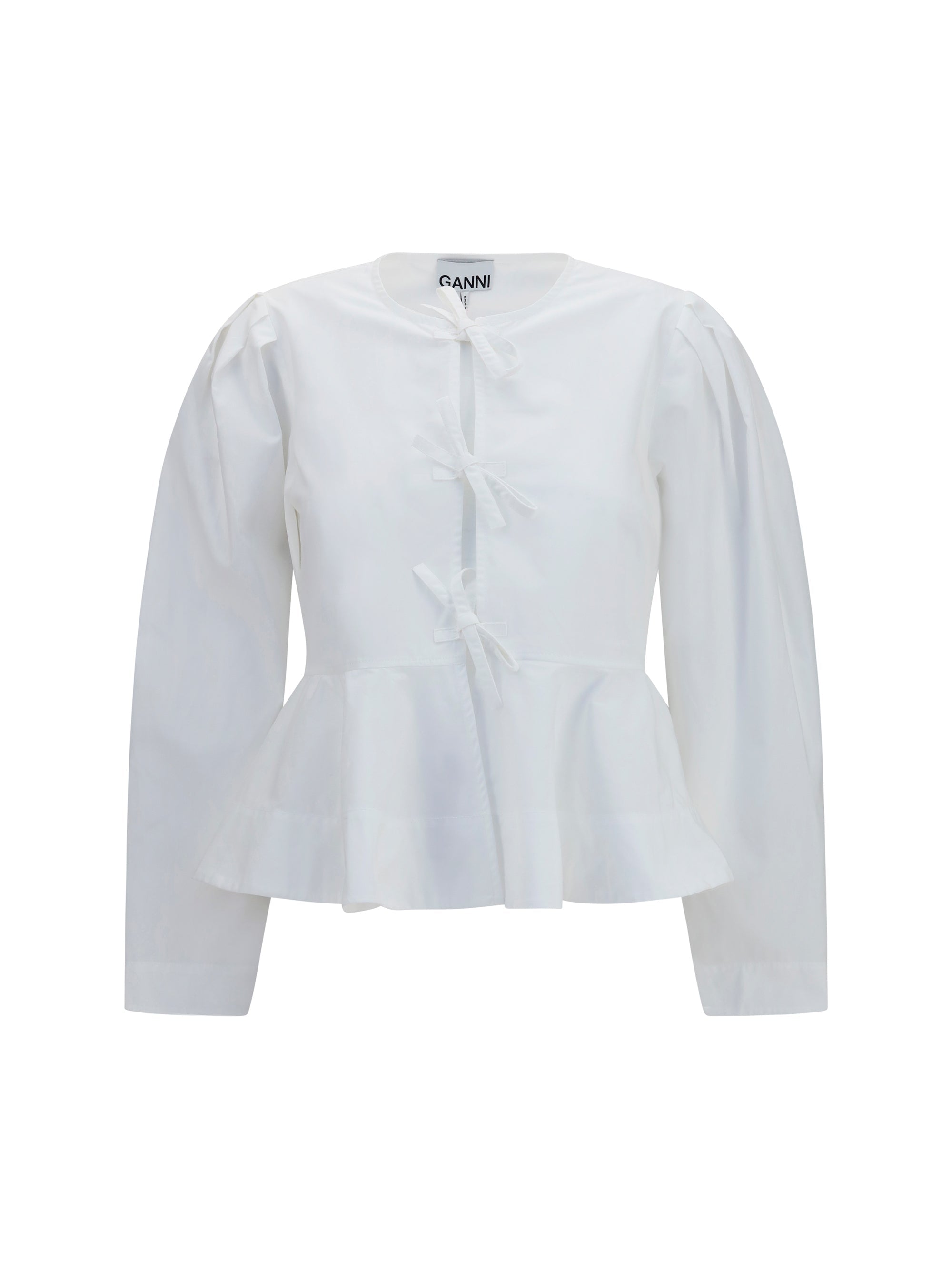 Ganni Cotton Poplin with Bow Ties Blouse — White