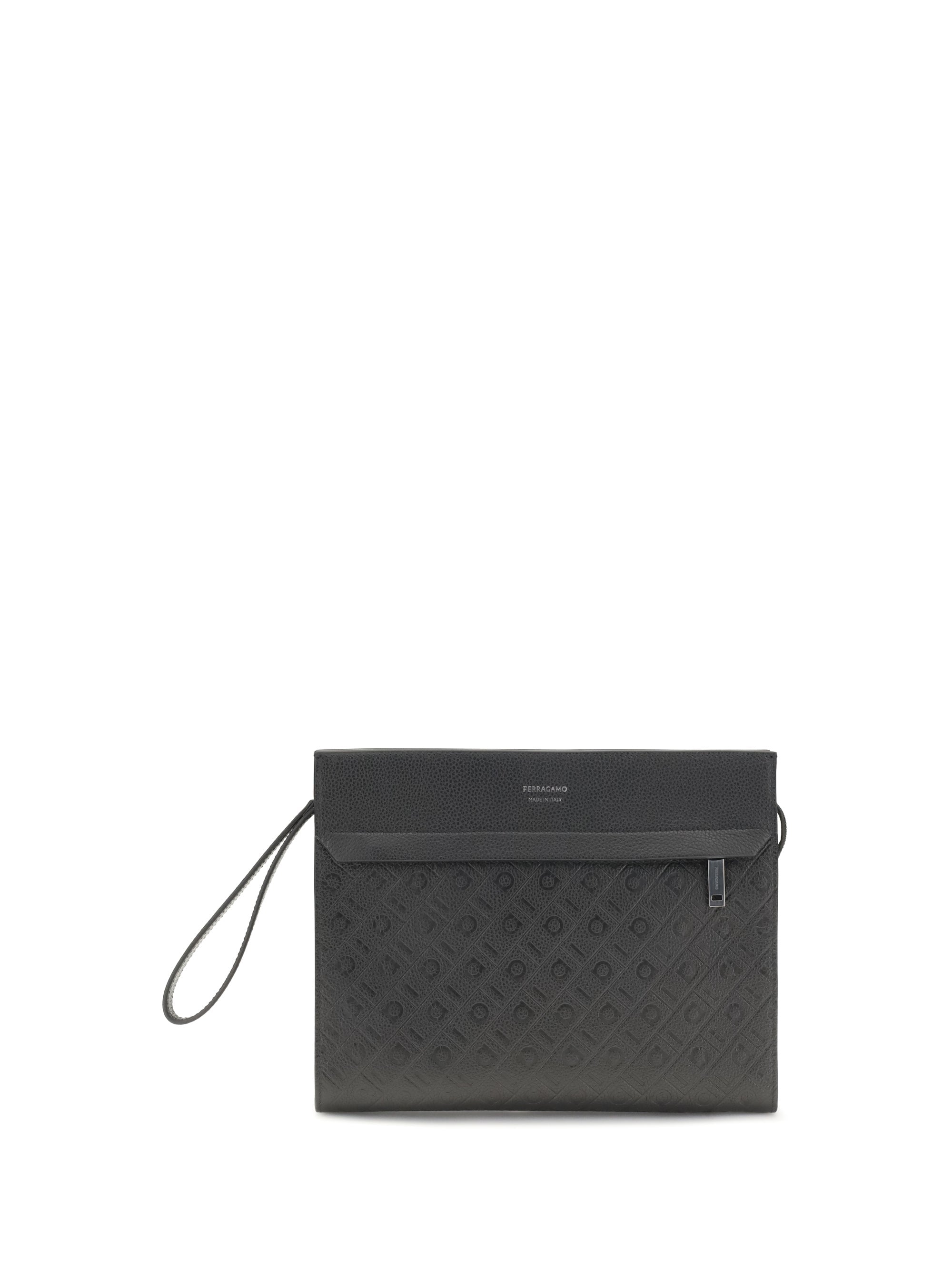 Ferragamo Monogram Embossed Calfskin Clutch — Black