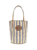 Valentino Garavani Striped Raffia with VLogo Bucket Bag — Multicolor