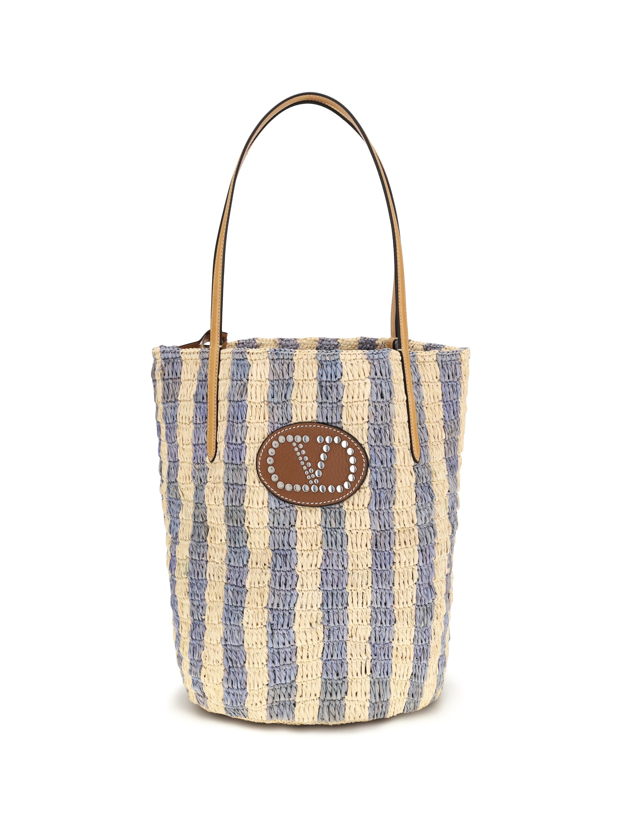 Valentino Garavani Striped Raffia with VLogo Bucket Bag — Multicolor