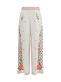 Farm Rio Floral Embroidered Wide-Leg Trousers — White