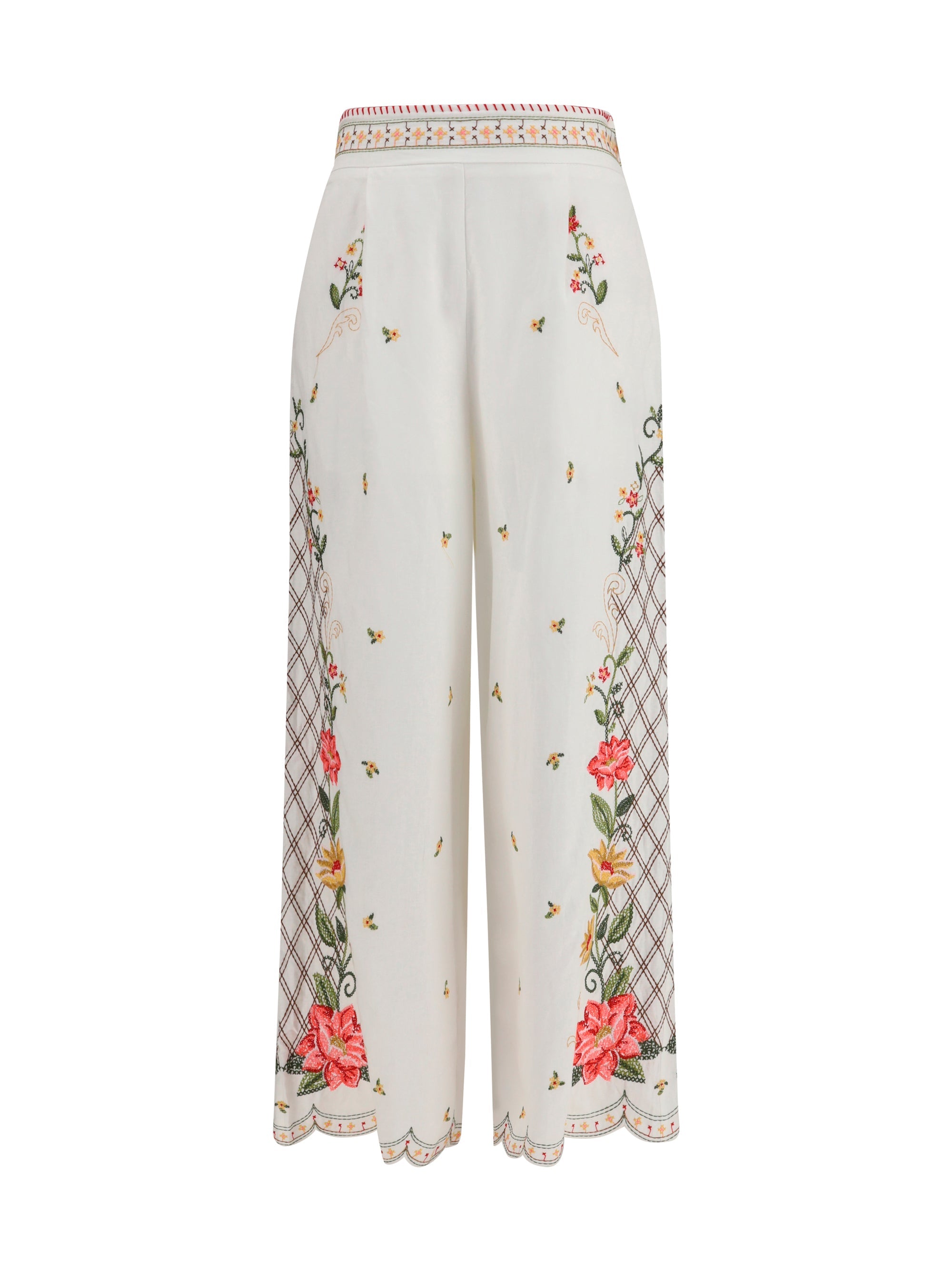 Farm Rio Floral Embroidered Wide-Leg Trousers — White