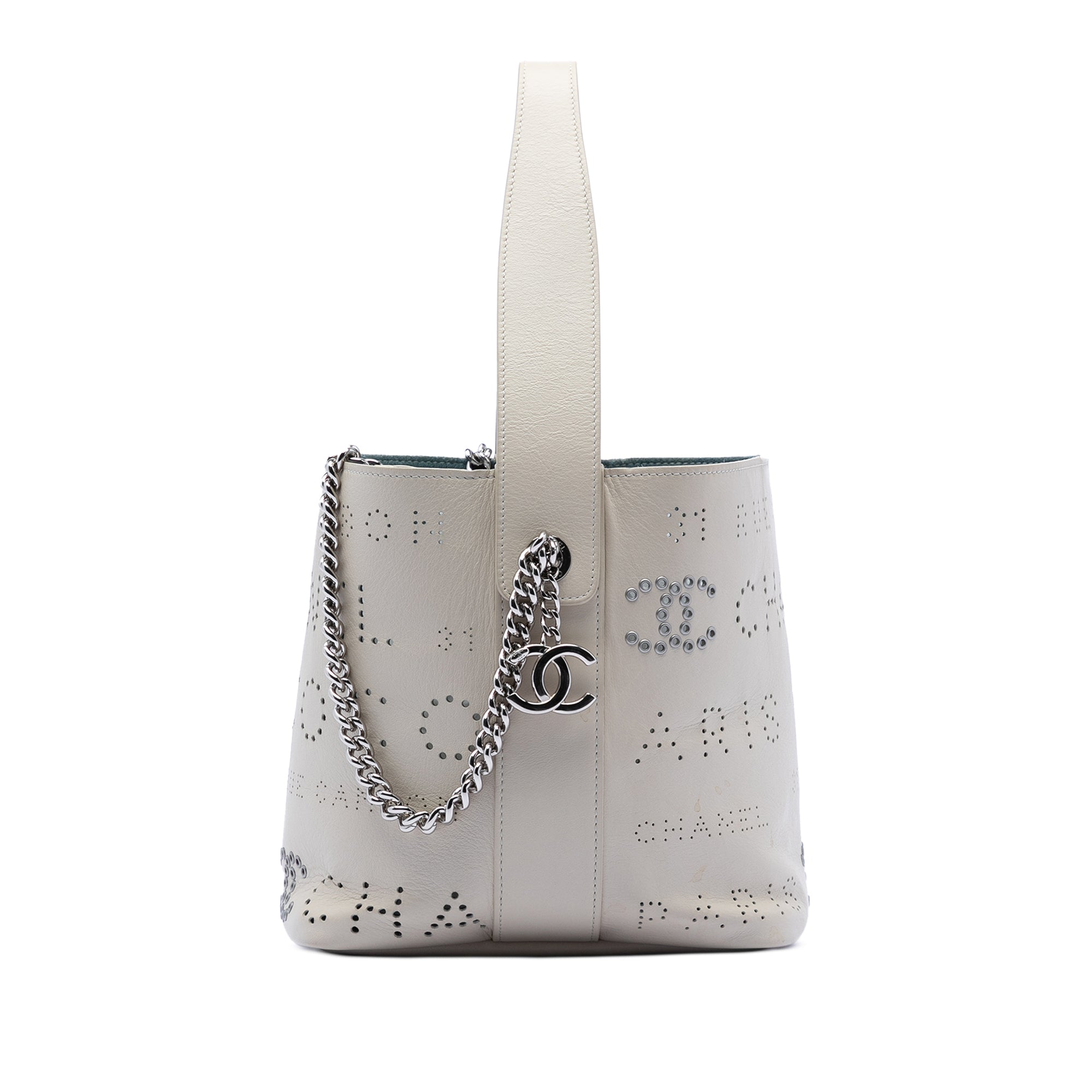 Small Perforated Calfskin Logo Eyelet Bucket Bag
