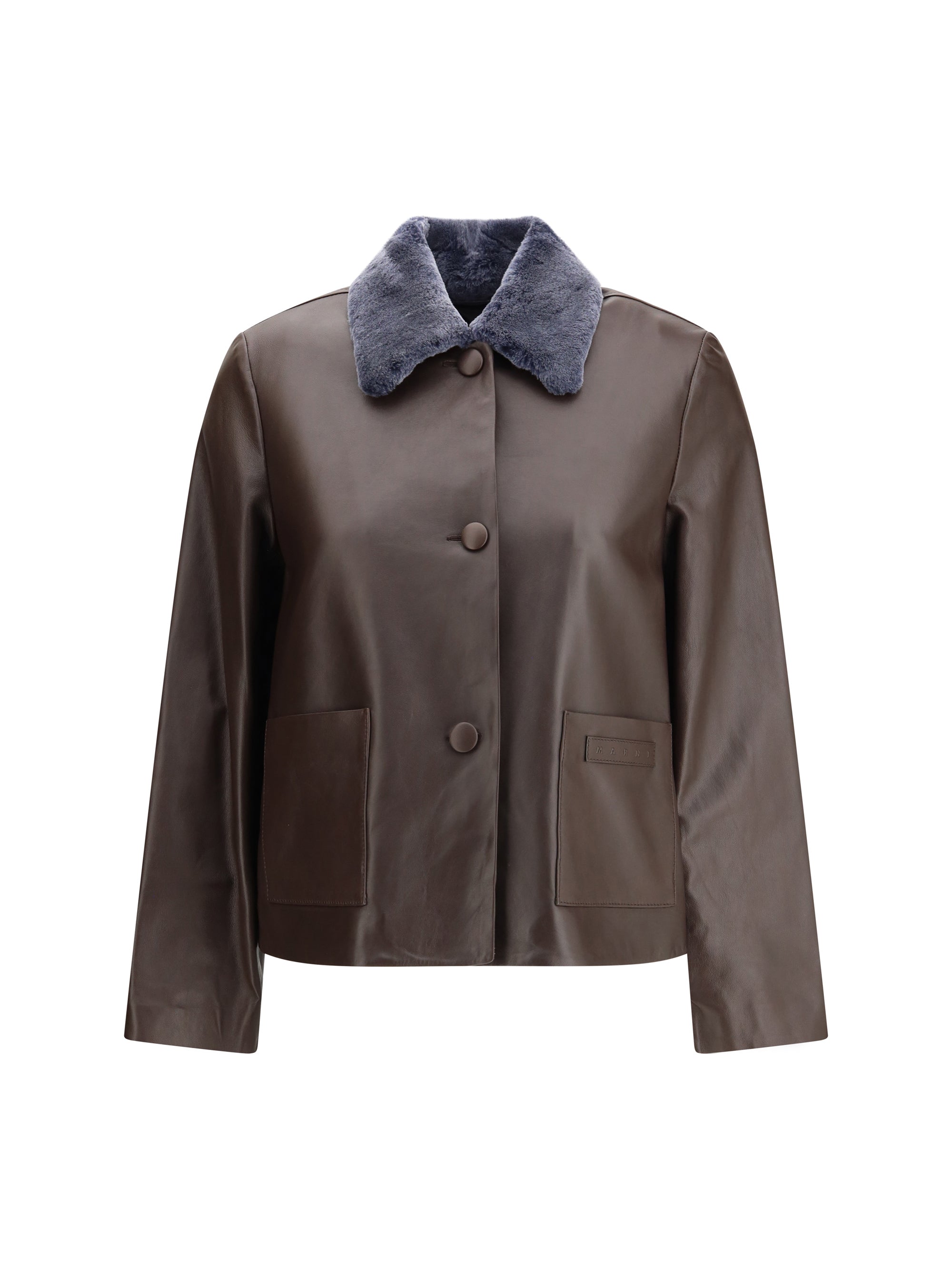 Marni Shearling Collar Leather Jacket — Brown
