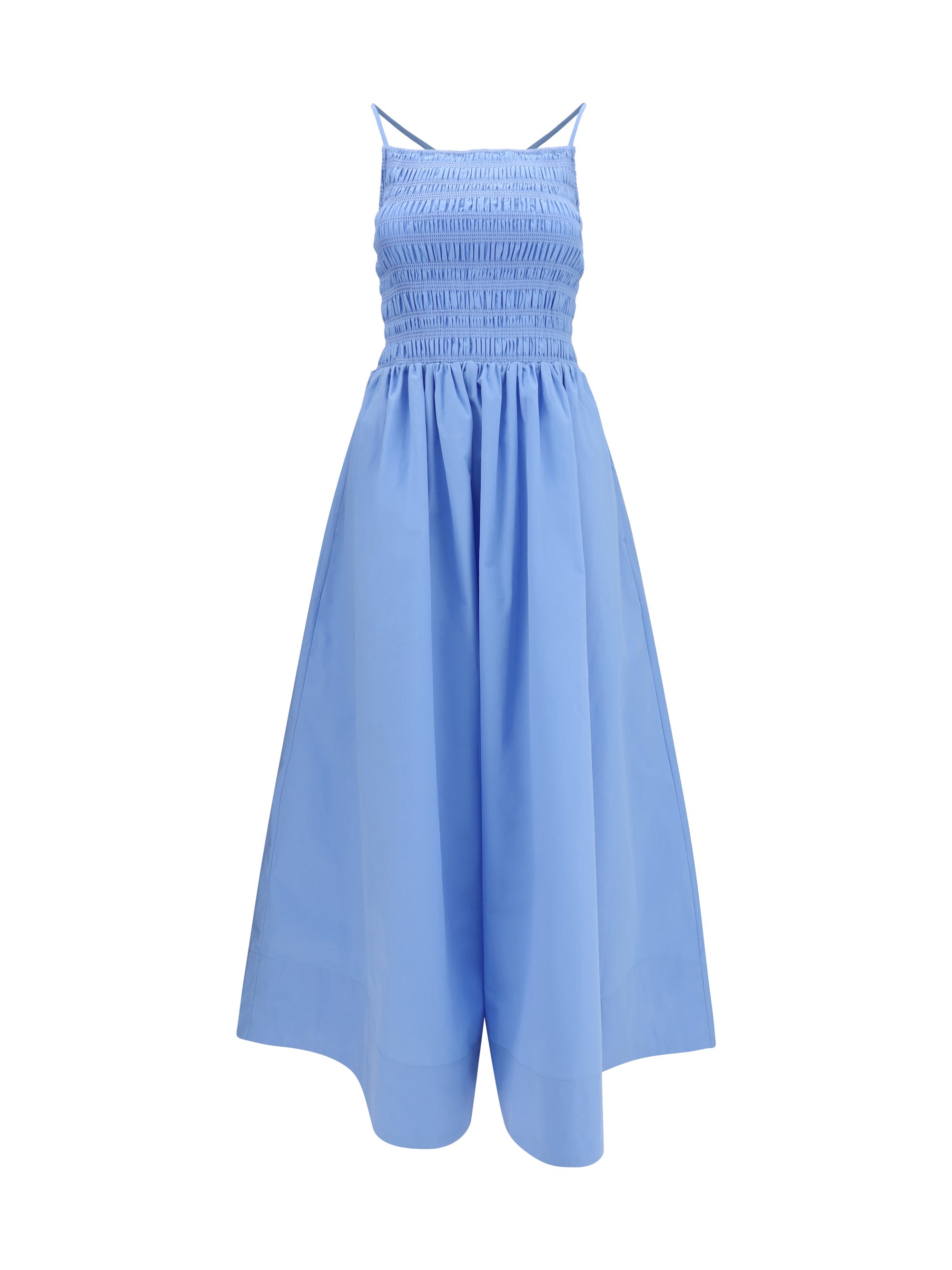 Ganni Ruched Poplin Dress — Blue