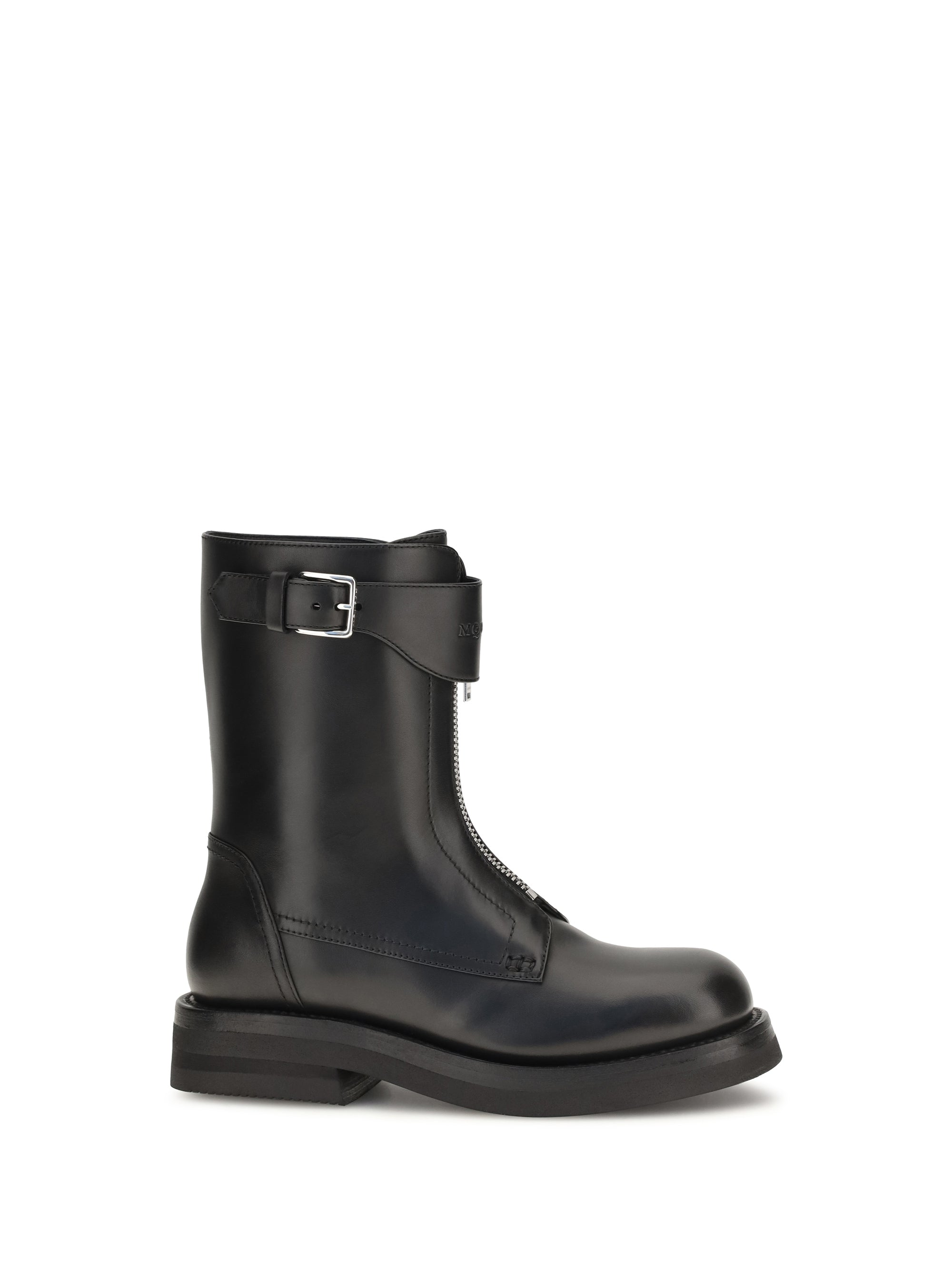 Alexander McQueen Buckle-Strap Calf Leather Boot — Black