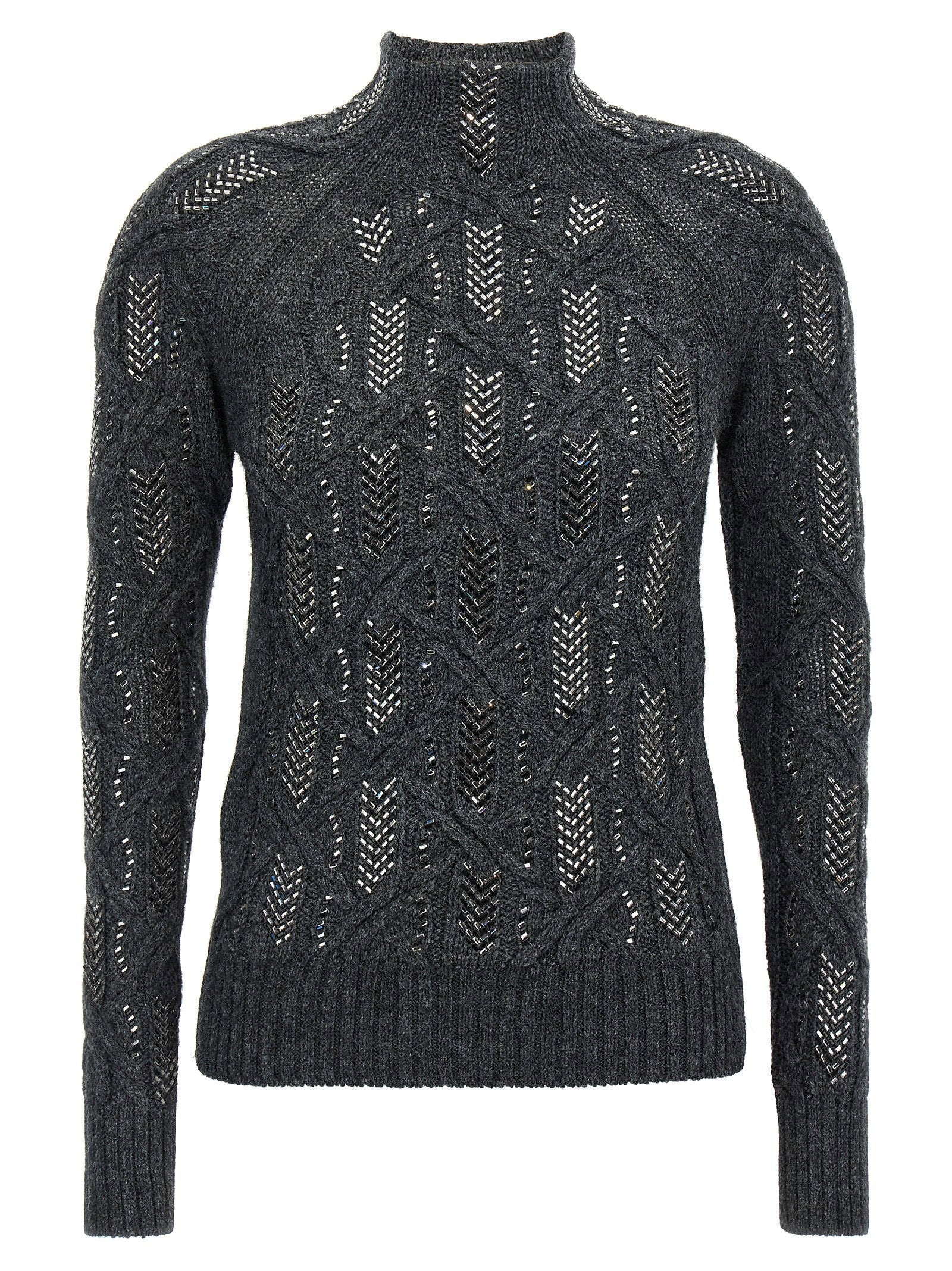 Ermanno Scervino Crystal-Braided Wool Blend Sweater — Charcoal