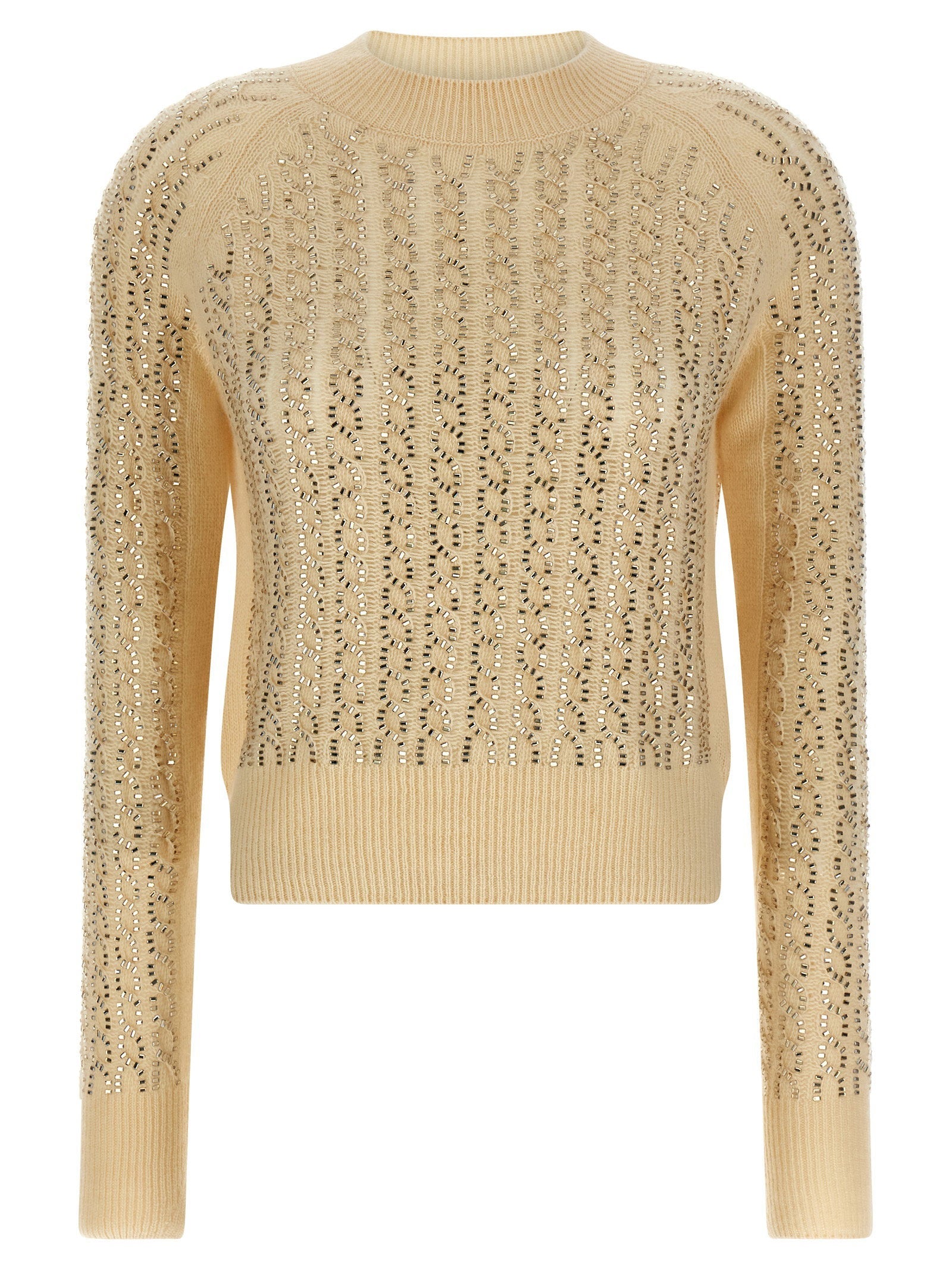 Ermanno Scervino Baguette Studded Braided Knit Sweater — Cream