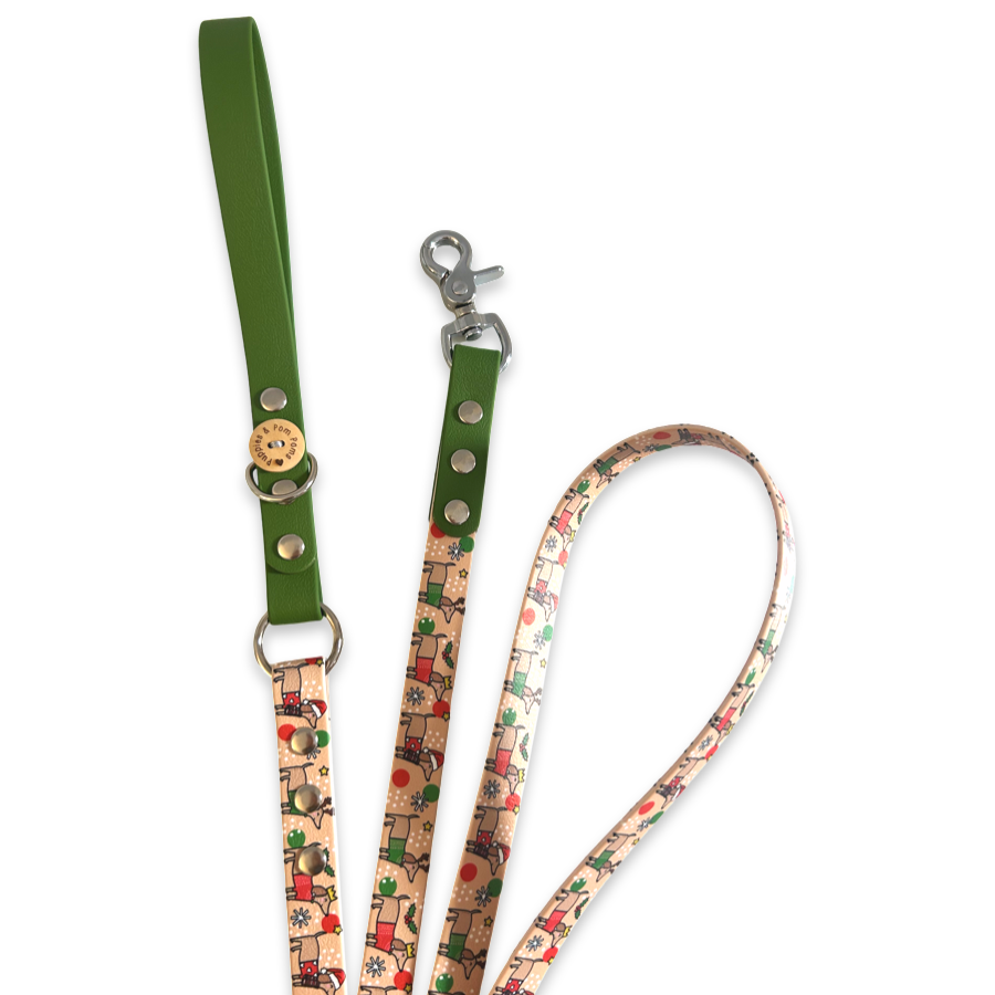 Christmas Dachshunds - Handmade Vegan Leather Dog Leash - Green