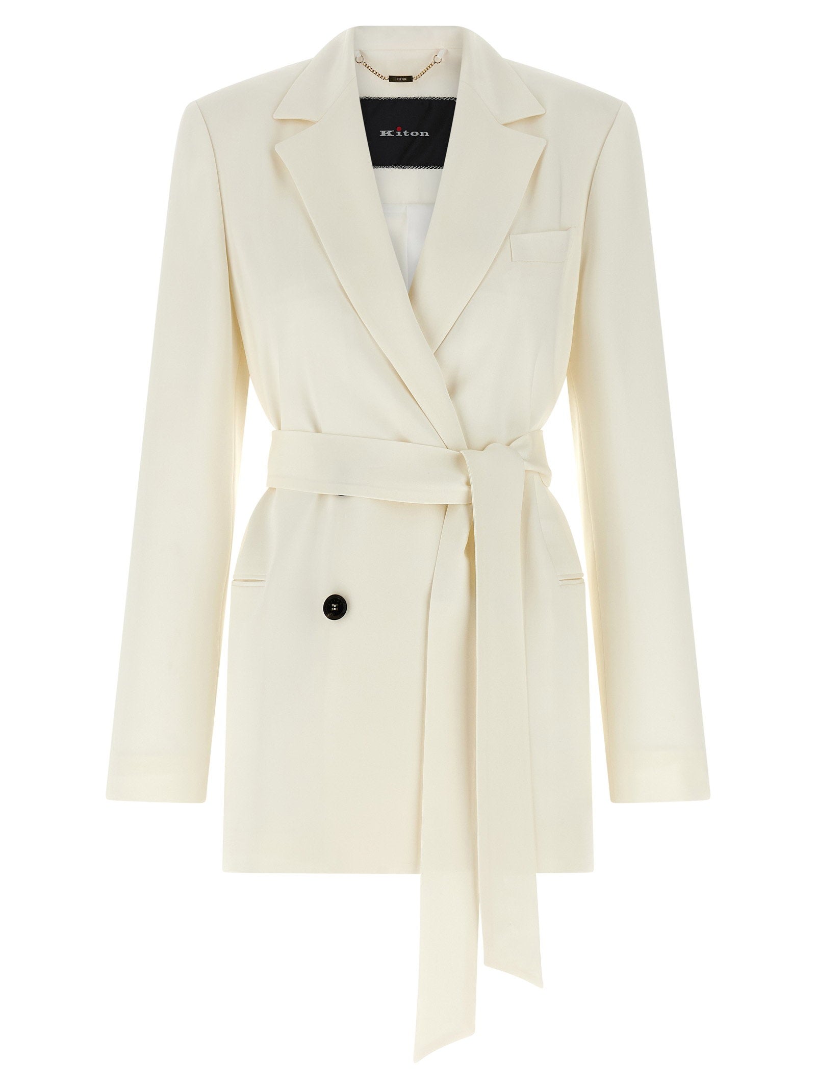 Kiton Double-Breasted Silk Blazer — Cream