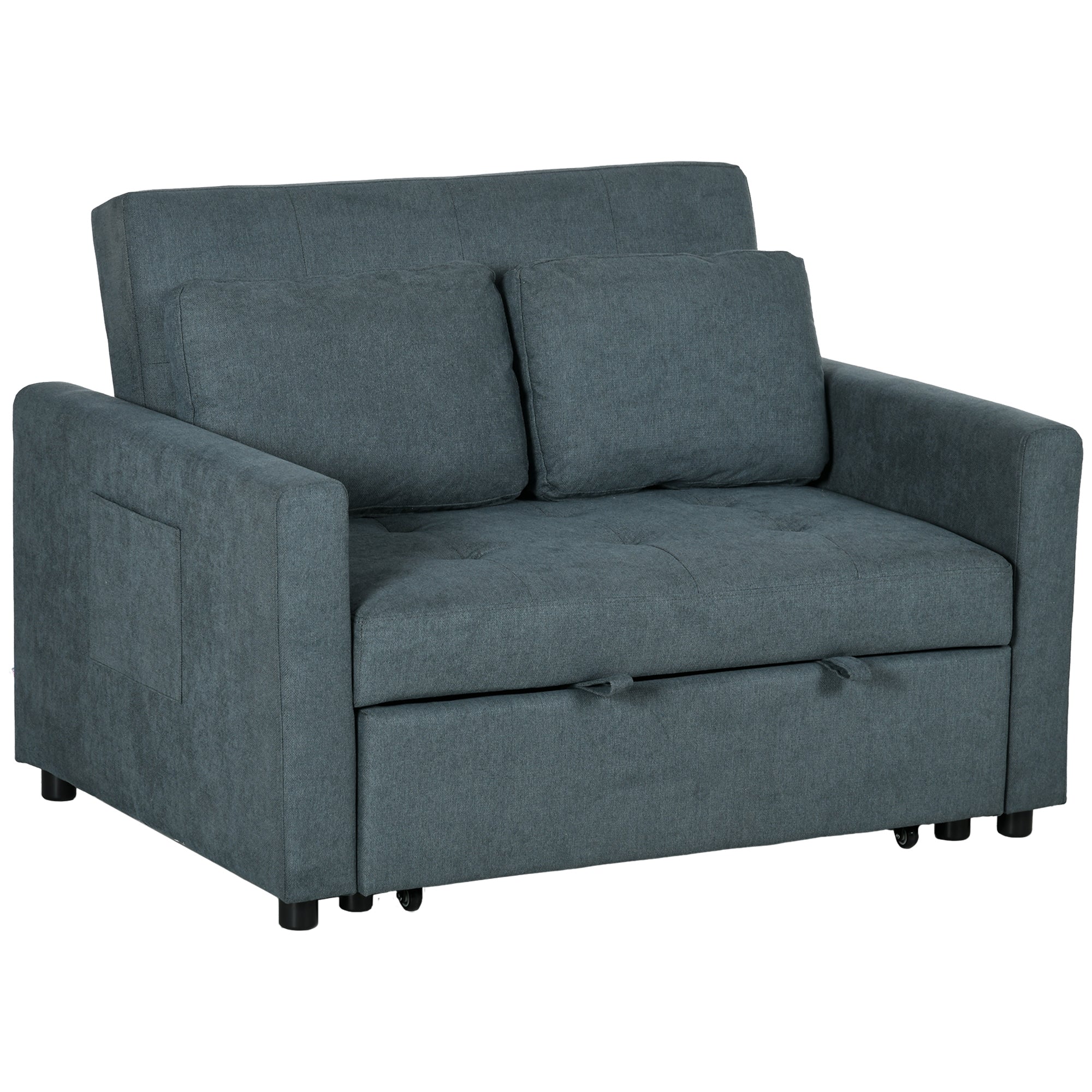 Fabric Loveseat Sofa Bed with Cushions & Side Pockets, Charcoal Grey