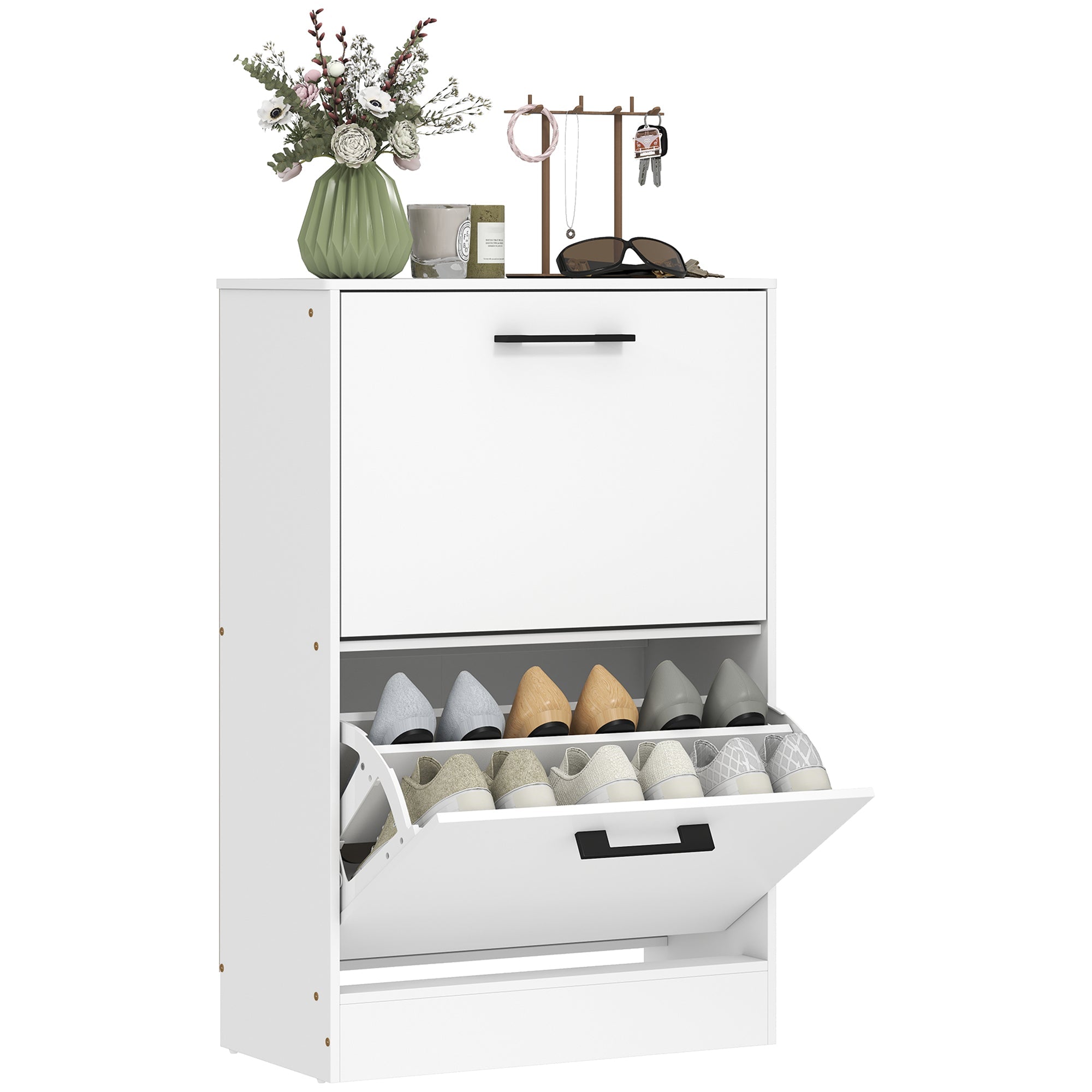 Narrow Shoe Cabinet with 2 Flip Drawers, Adjustable Dividers, Fits 12, White